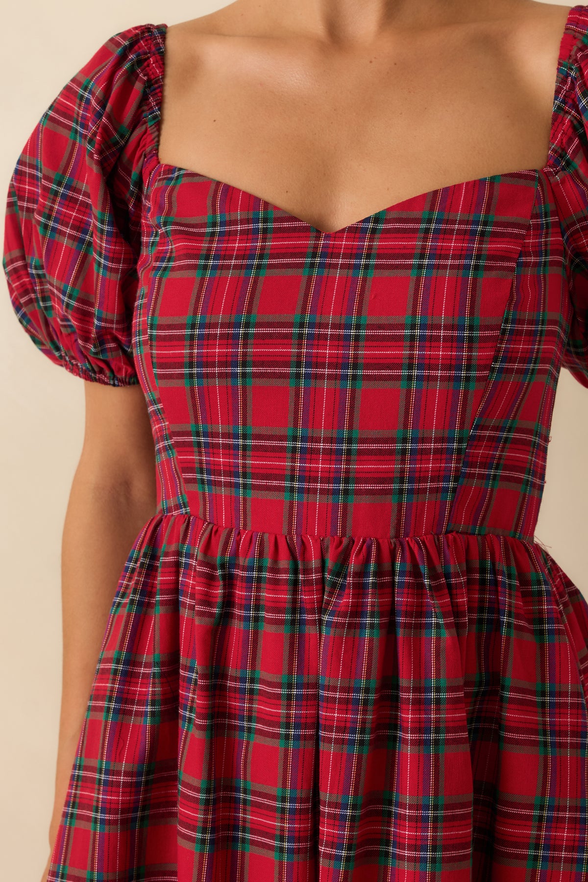 100% Cotton Red Plaid Puff Sleeve Midi Dress