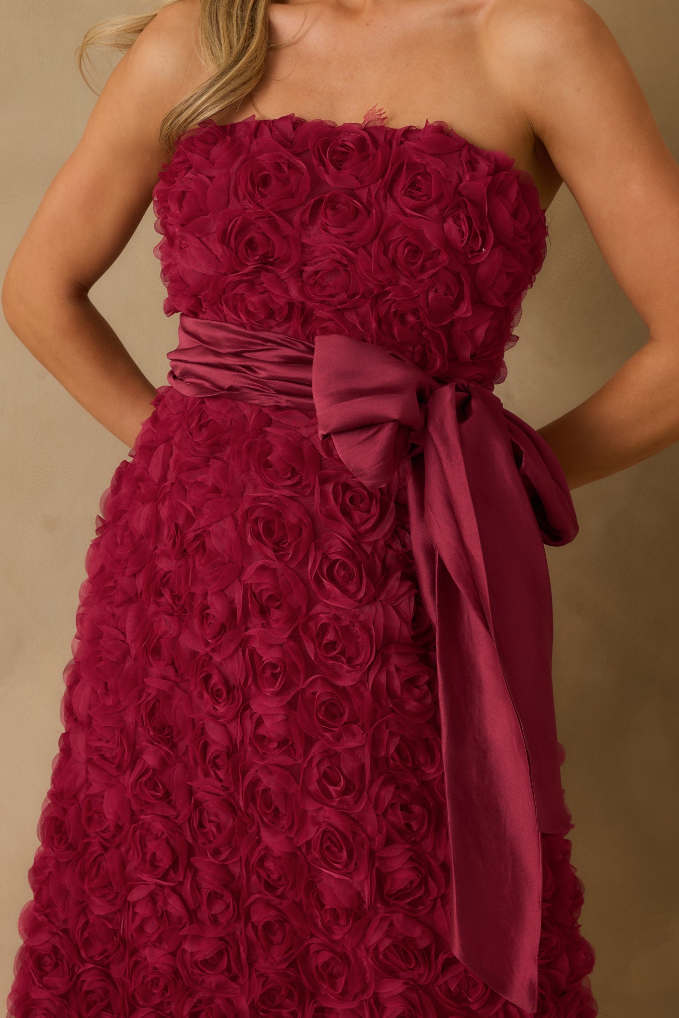 Close-up view focusing on the strapless neckline and intricate floral applique detailing.
