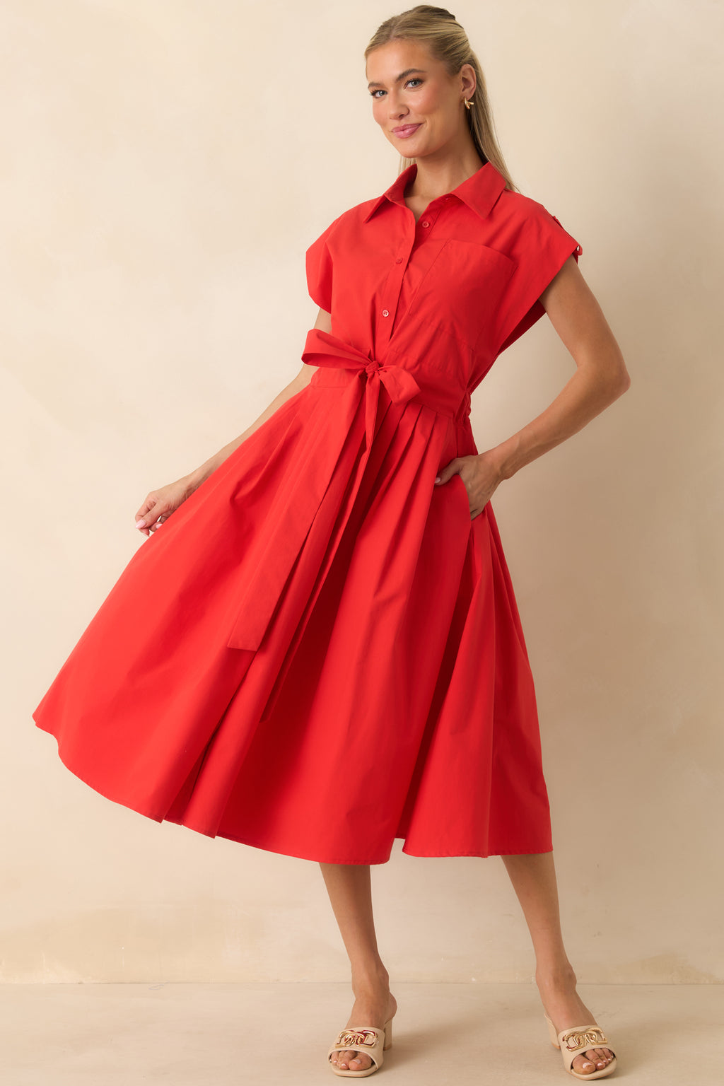 Women's Prosperina Lana Cherry Red Cotton Button-Front Midi Dress | Size: L
