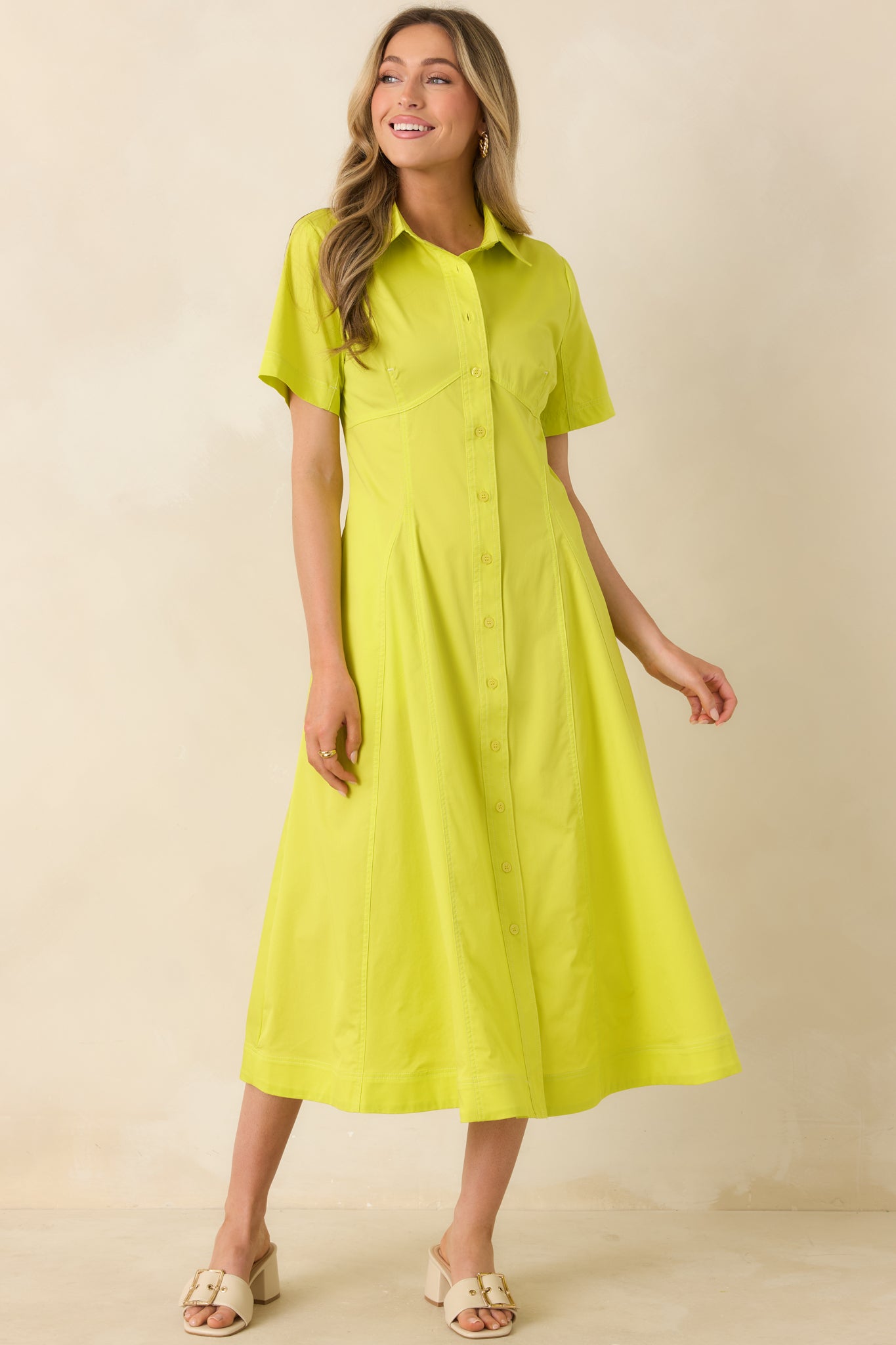 knee length dresses for ladies Make It Look Easy Chartreuse Short Sleeve Midi Shirt Dress