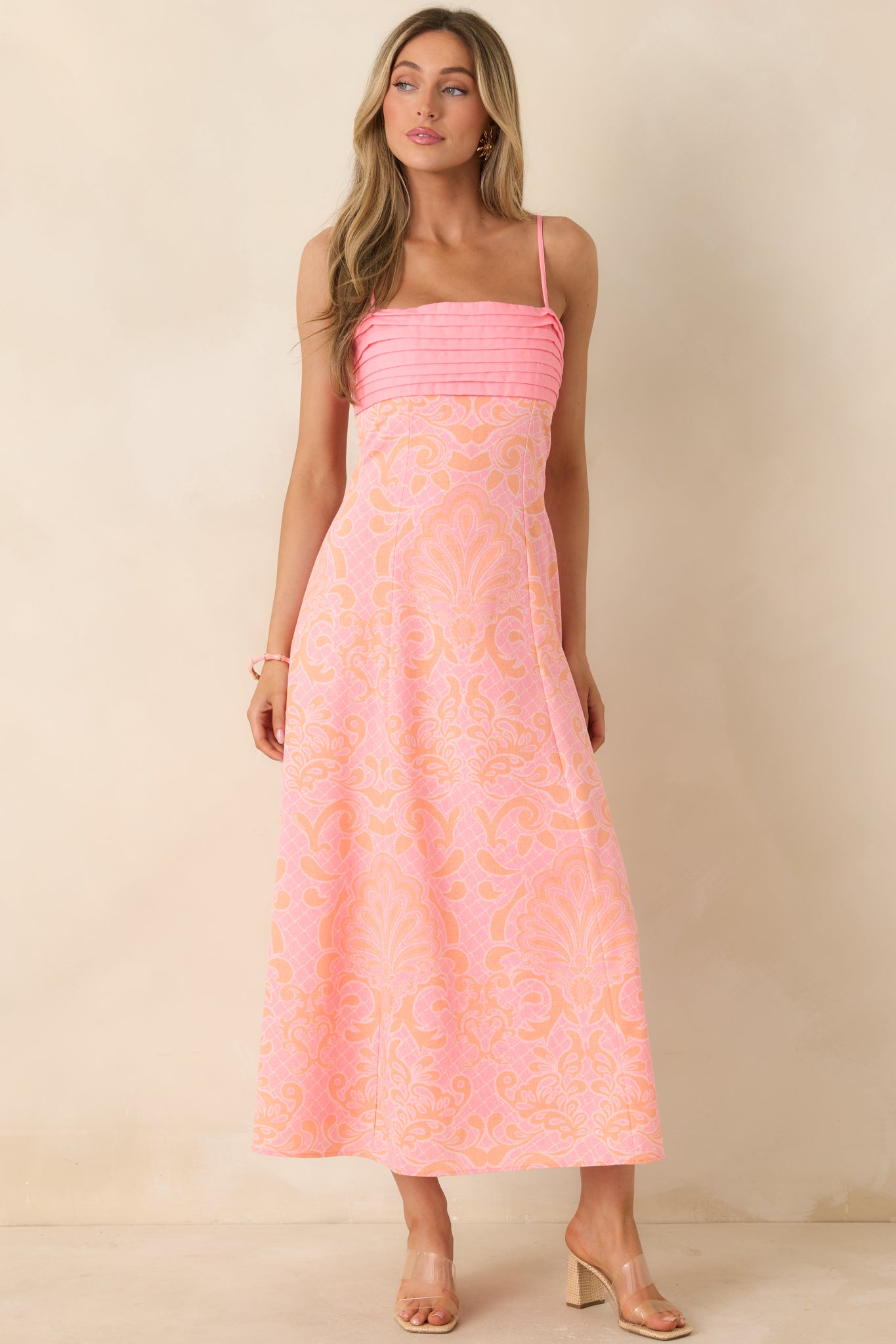 In the Glow Pink & Orange Jacquard Pleated Bust Midi Dress | Red Dress In the Glow Pink & Orange Jacquard Pleated Bust Midi Dress | Red Dress