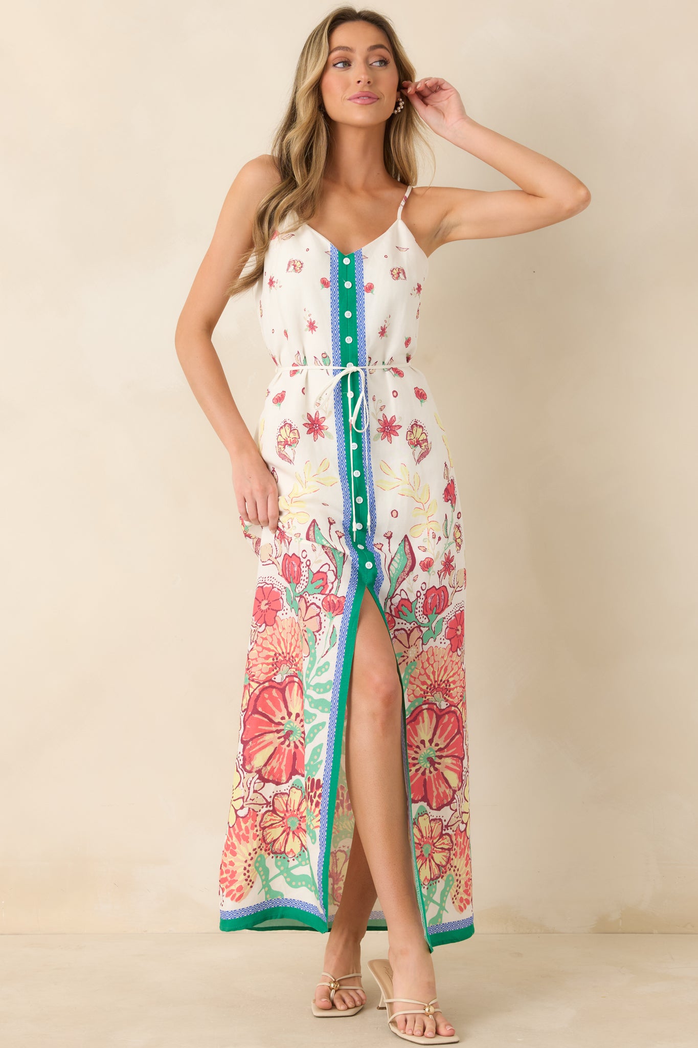 women's colorful maxi dress Women's Floral Fantasy Green & Coral Pink Floral Maxi Dress | Size: M