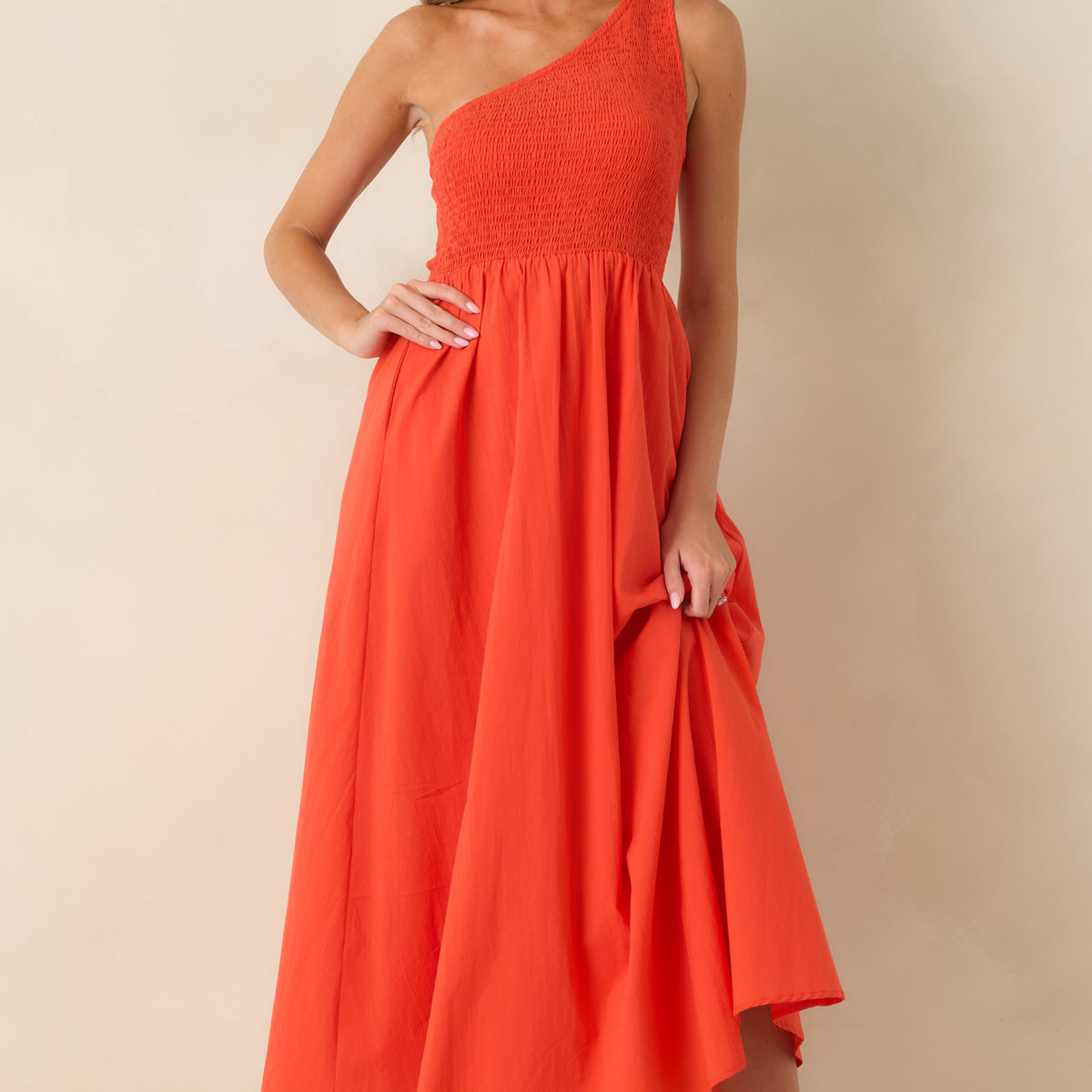 pale orange dresses Liberatore Coral Orange One-Shoulder Cotton Maxi Dress