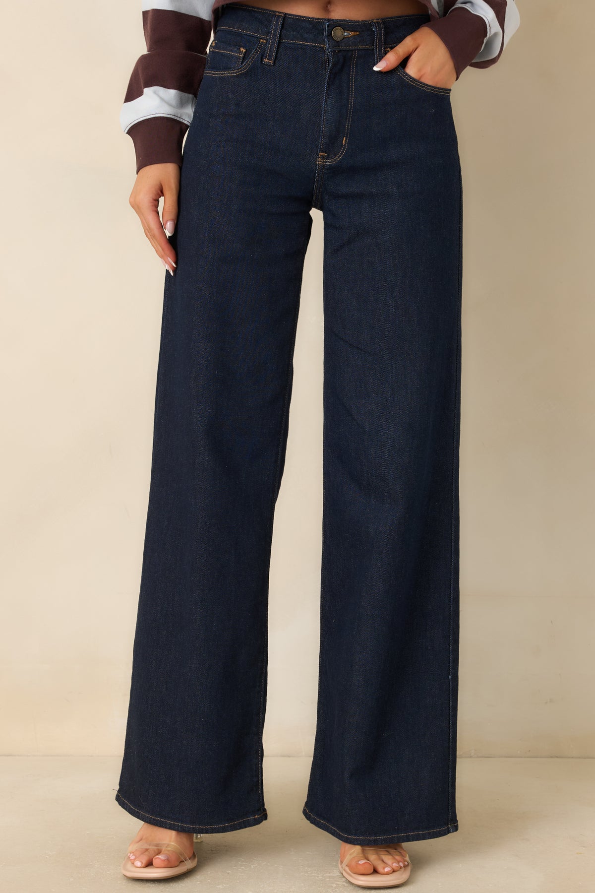 Cotton-blend jeans with a polished dark wash and relaxed wide legs.