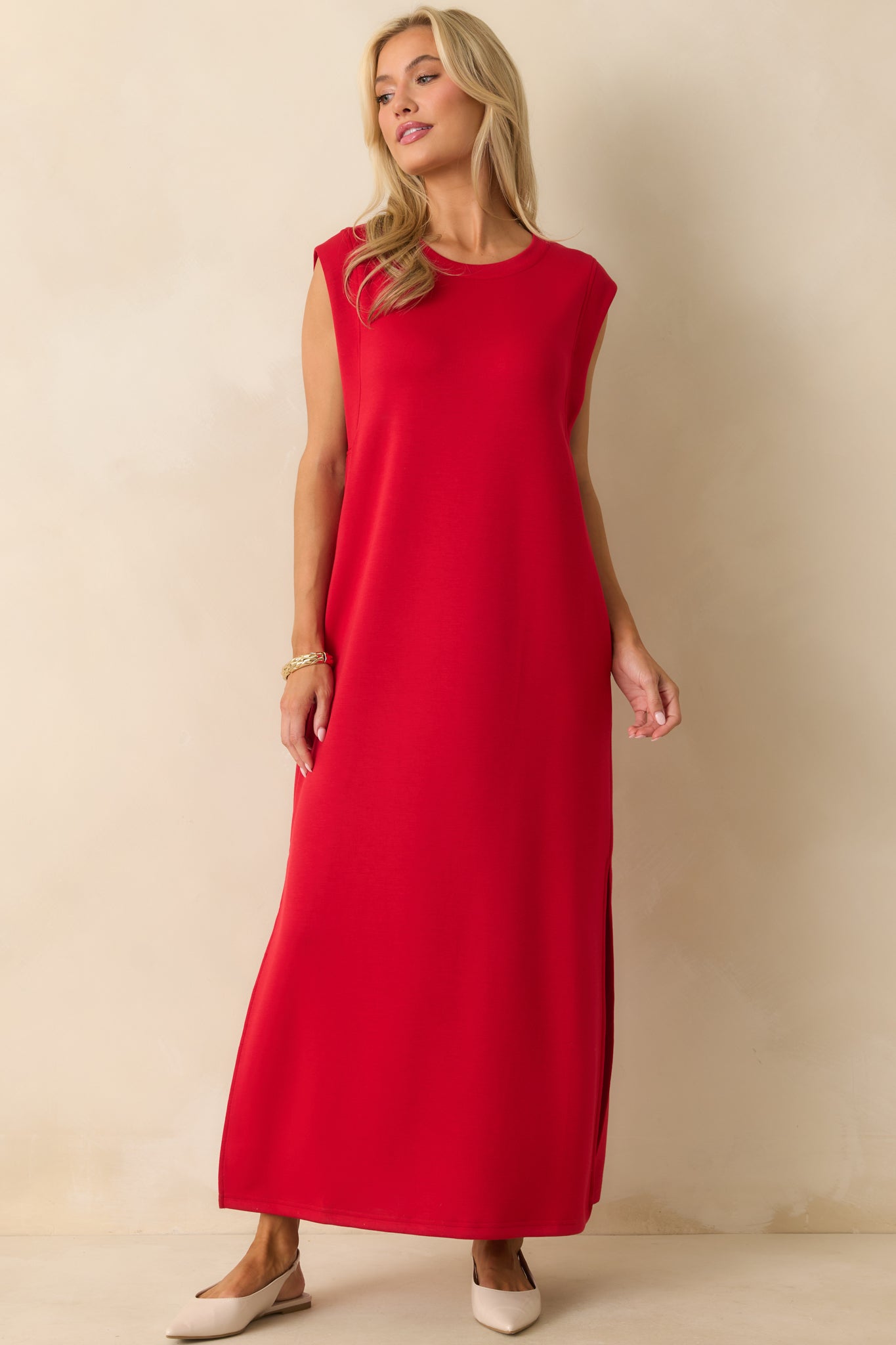 Cotton-blend maxi with smooth fabric and flowing silhouette.
