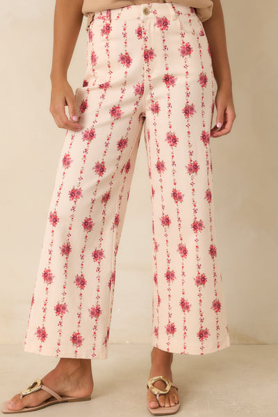 Rose Trellis Ivory Floral Cotton Wide Leg Pants | Entro