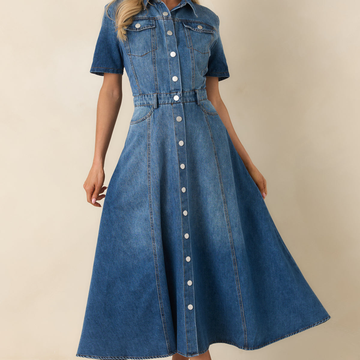 The Right Impression Medium Wash Cotton Denim Midi Dress