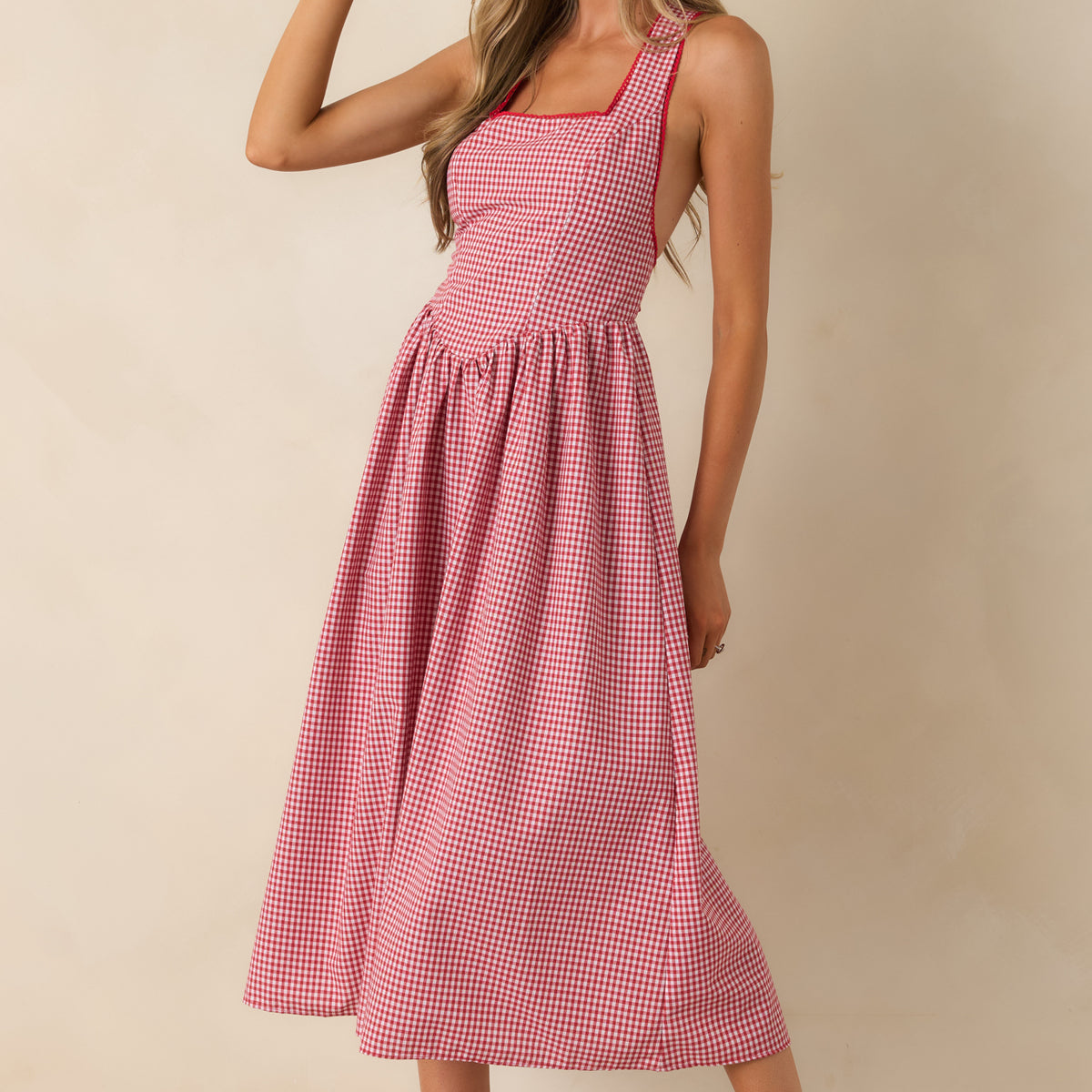 red gingham wrap dress Open Back Tie Maxi - All Dresses Hope & Ivy Roxanne Size:M.12 contrast piping Halter neckline B/W Khadi 1