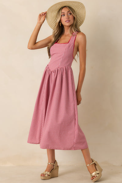gingham maxi dress Women's Just Because I Can Red Gingham Open Back Tie Maxi Dress | Size: L