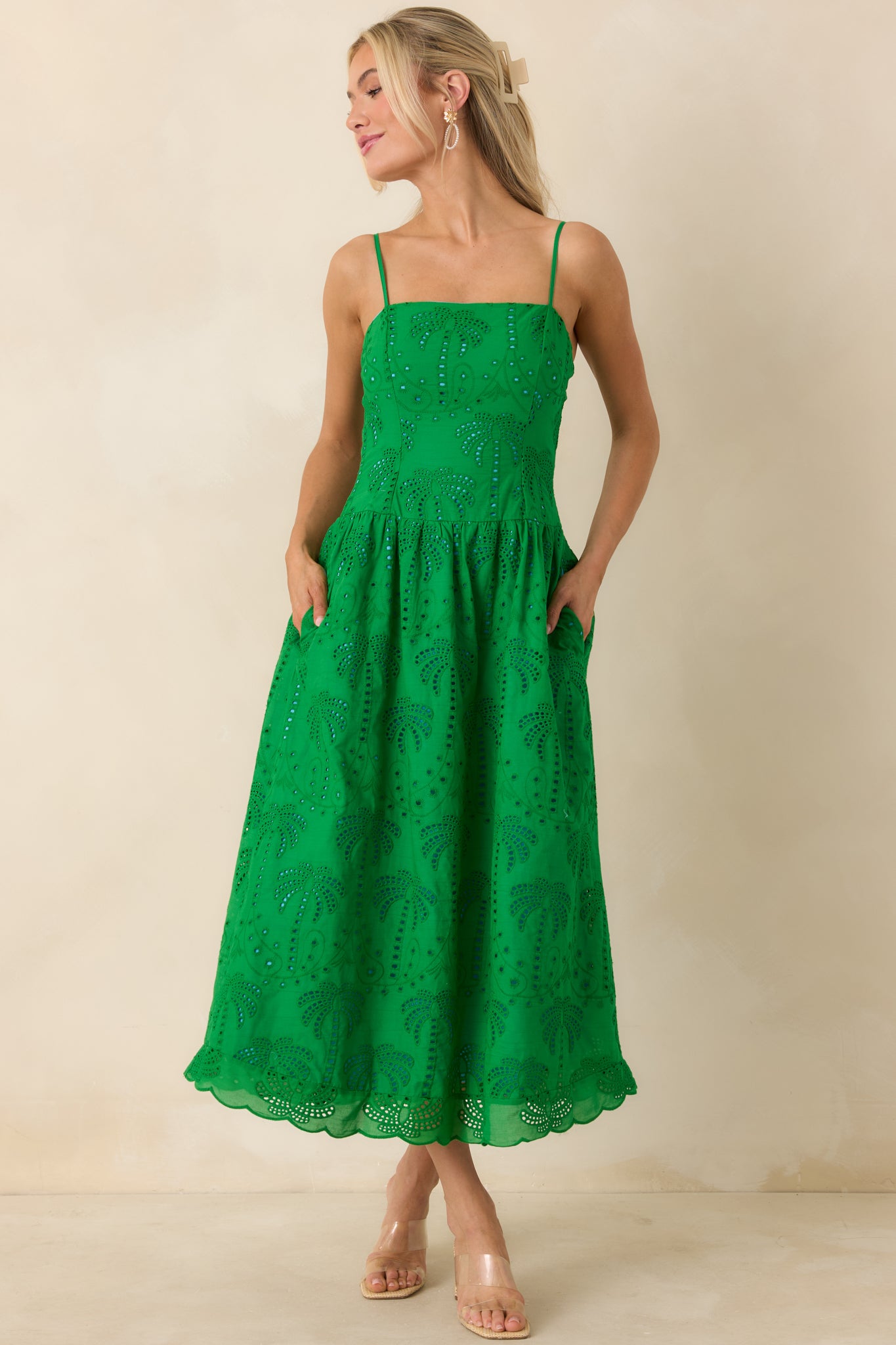 Women's This Is It Green Cotton Eyelet Sleeveless Midi Dress | Size: M | Red Dress Women's This Is It Green Cotton Eyelet Sleeveless Midi Dress | Size: M | Red Dress