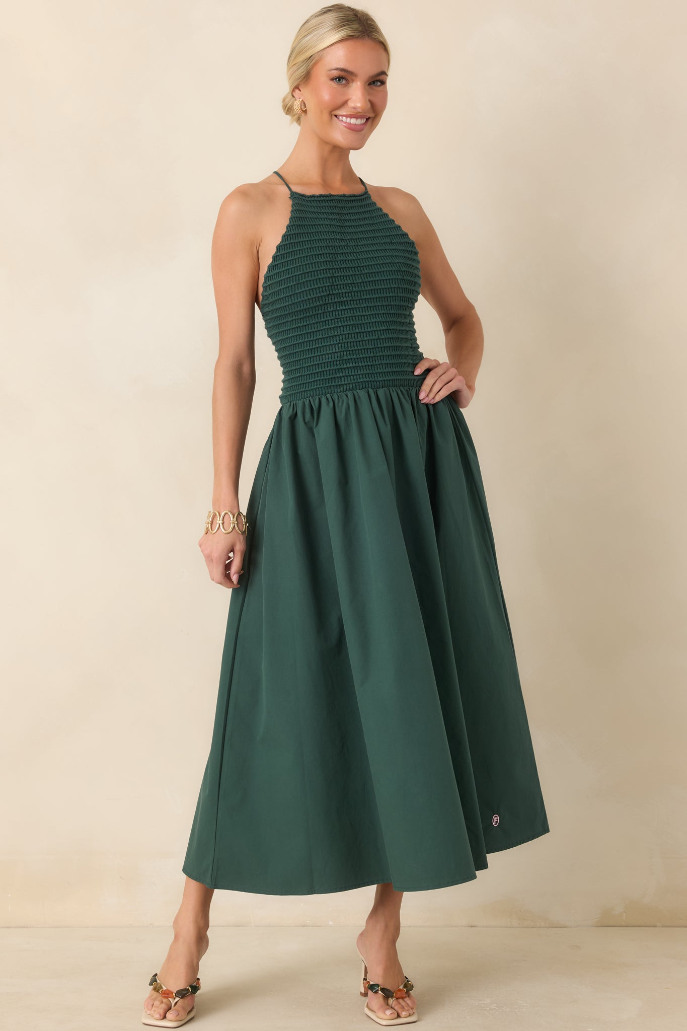Lucia Green Cotton Strappy Knit Bodice Midi Dress | FRNCH