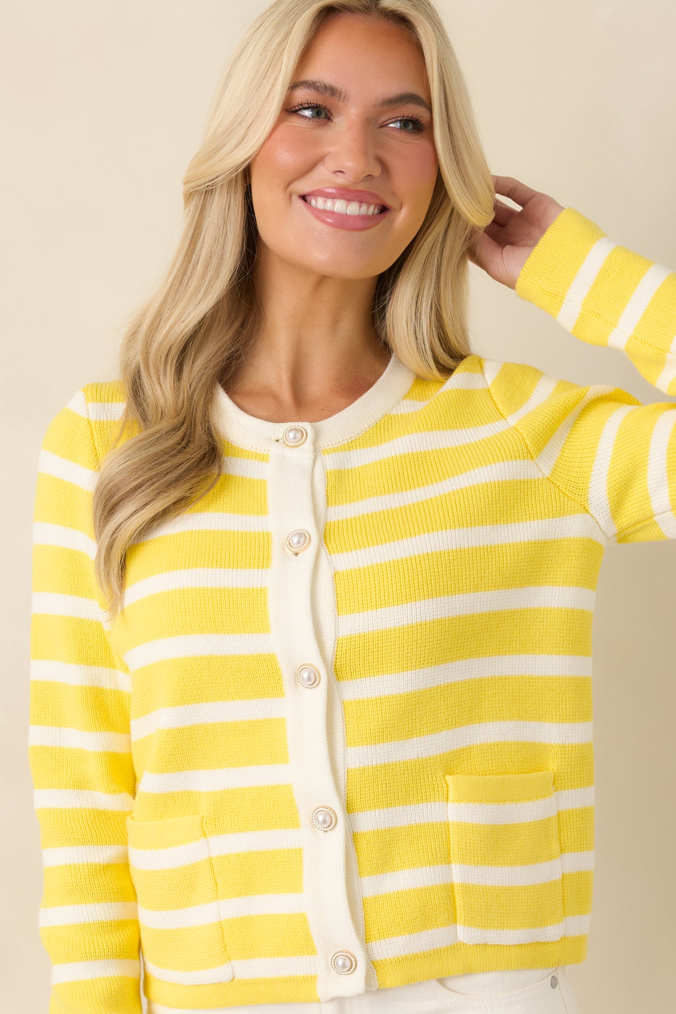 Close-in crop highlighting soft cotton knit texture and striped design.