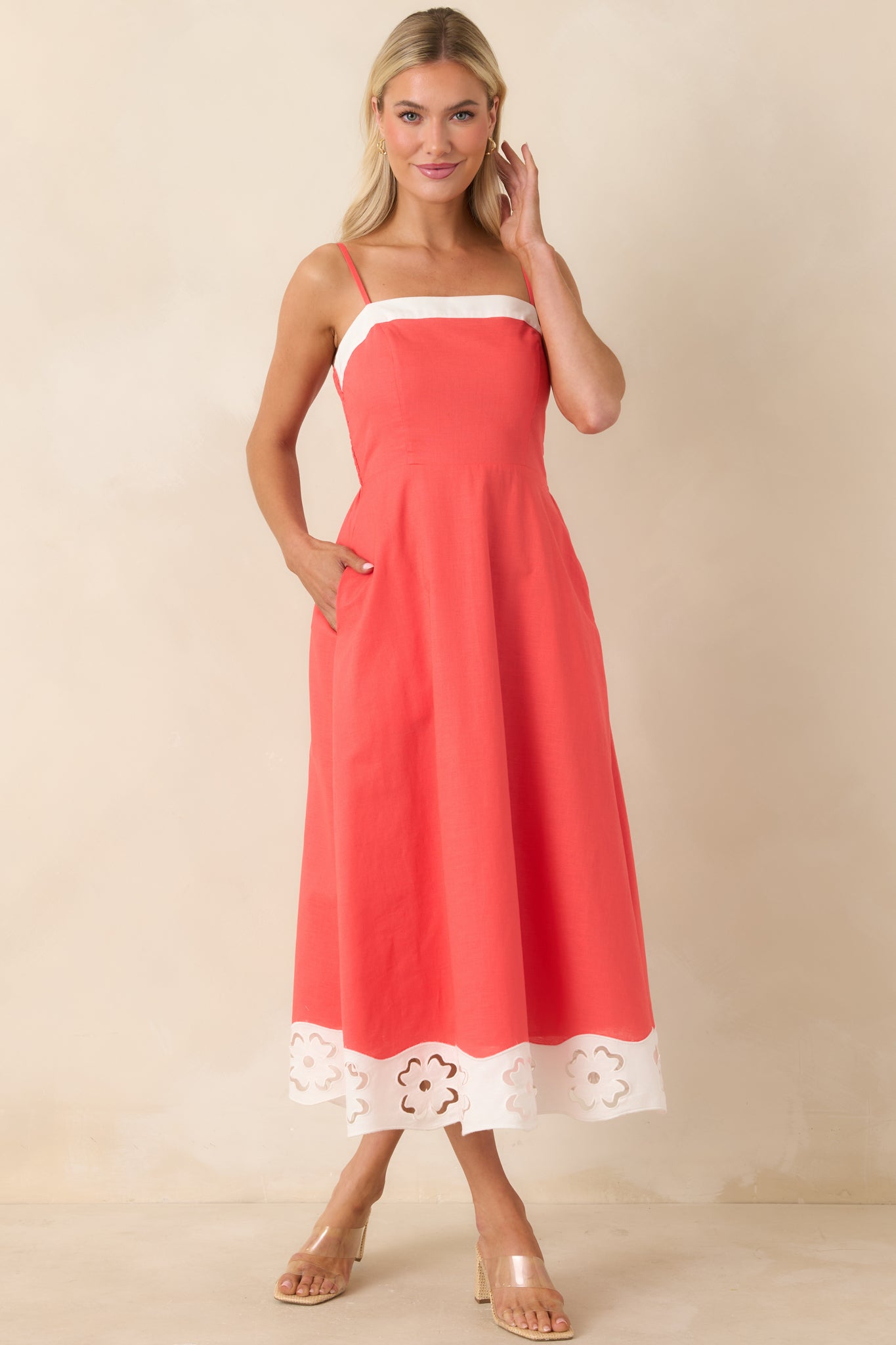 Women's Cut Out for It Poppy Red & Ivory Cotton Linen Floral Cutout Midi Dress | Color: Red Orange | Size: M | Red Dress Women's Cut Out for It Poppy Red & Ivory Cotton Linen Floral Cutout Midi Dress | Color: Red Orange | Size: M | Red Dress