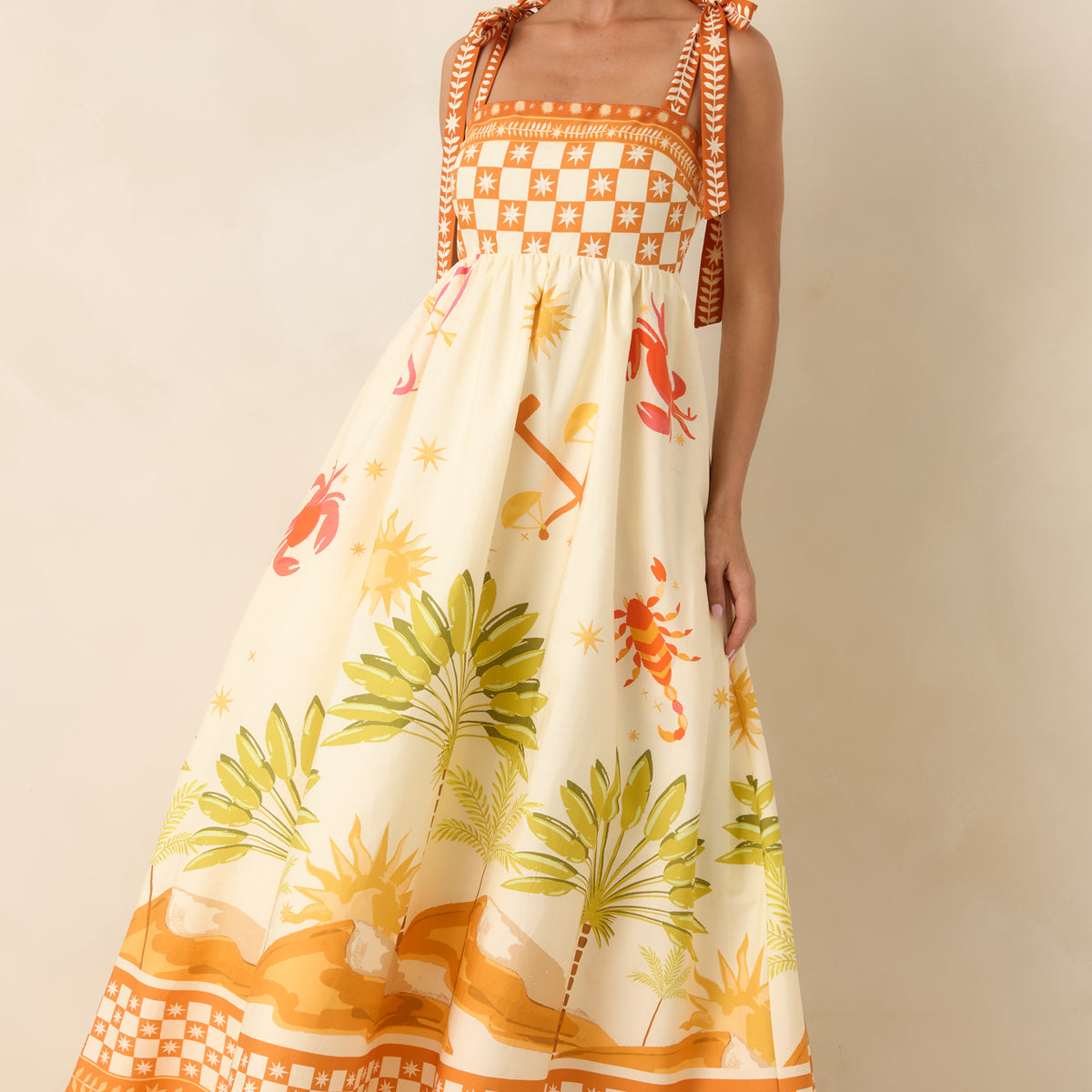 Women's Born for the Beach Ivory Multi Tropical Zodiac Print Cotton Maxi Dress | Size: L