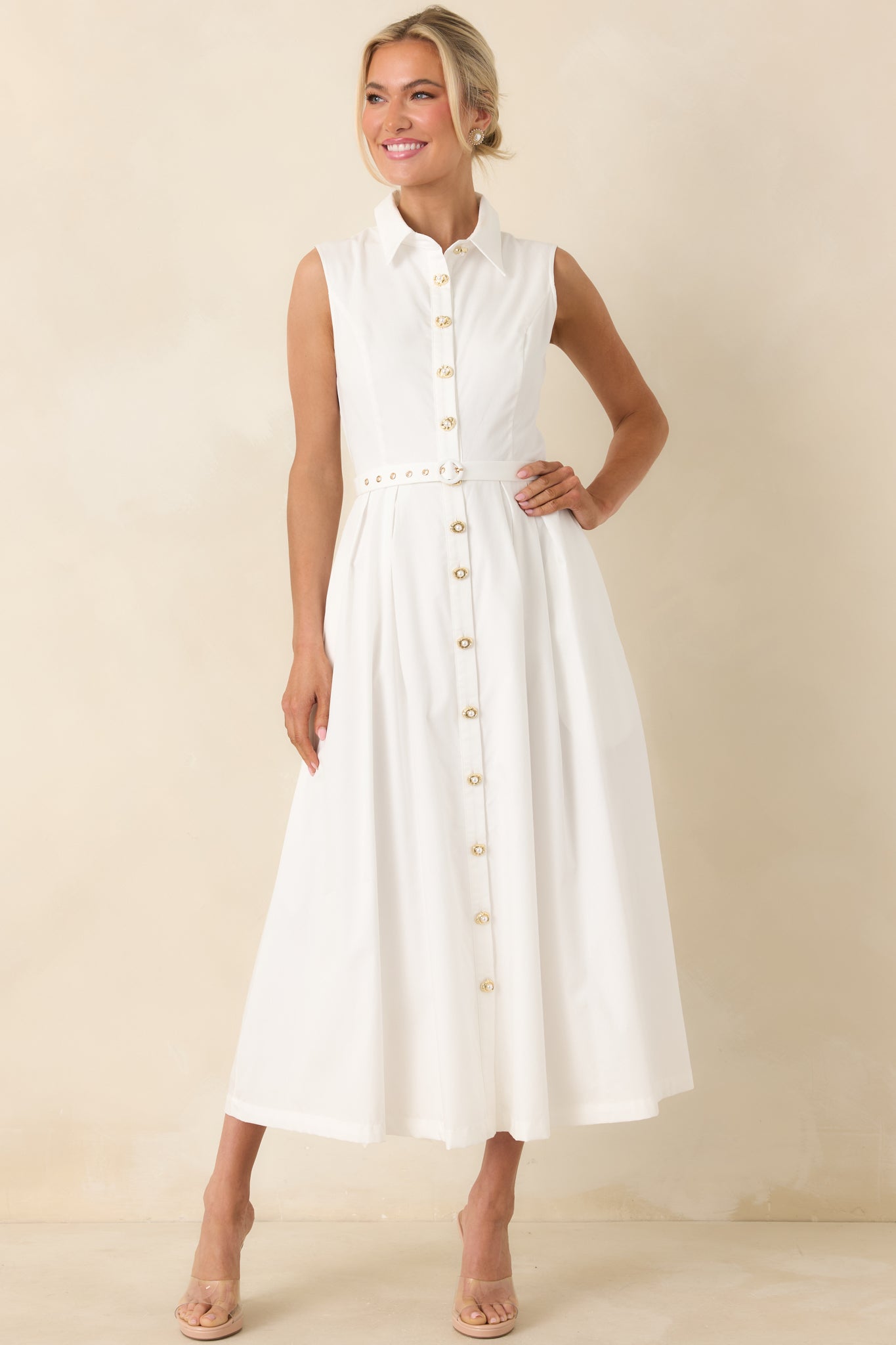 knee length dresses for ladies Red Dress | White Cotton Sleeveless Belted Maxi Dress