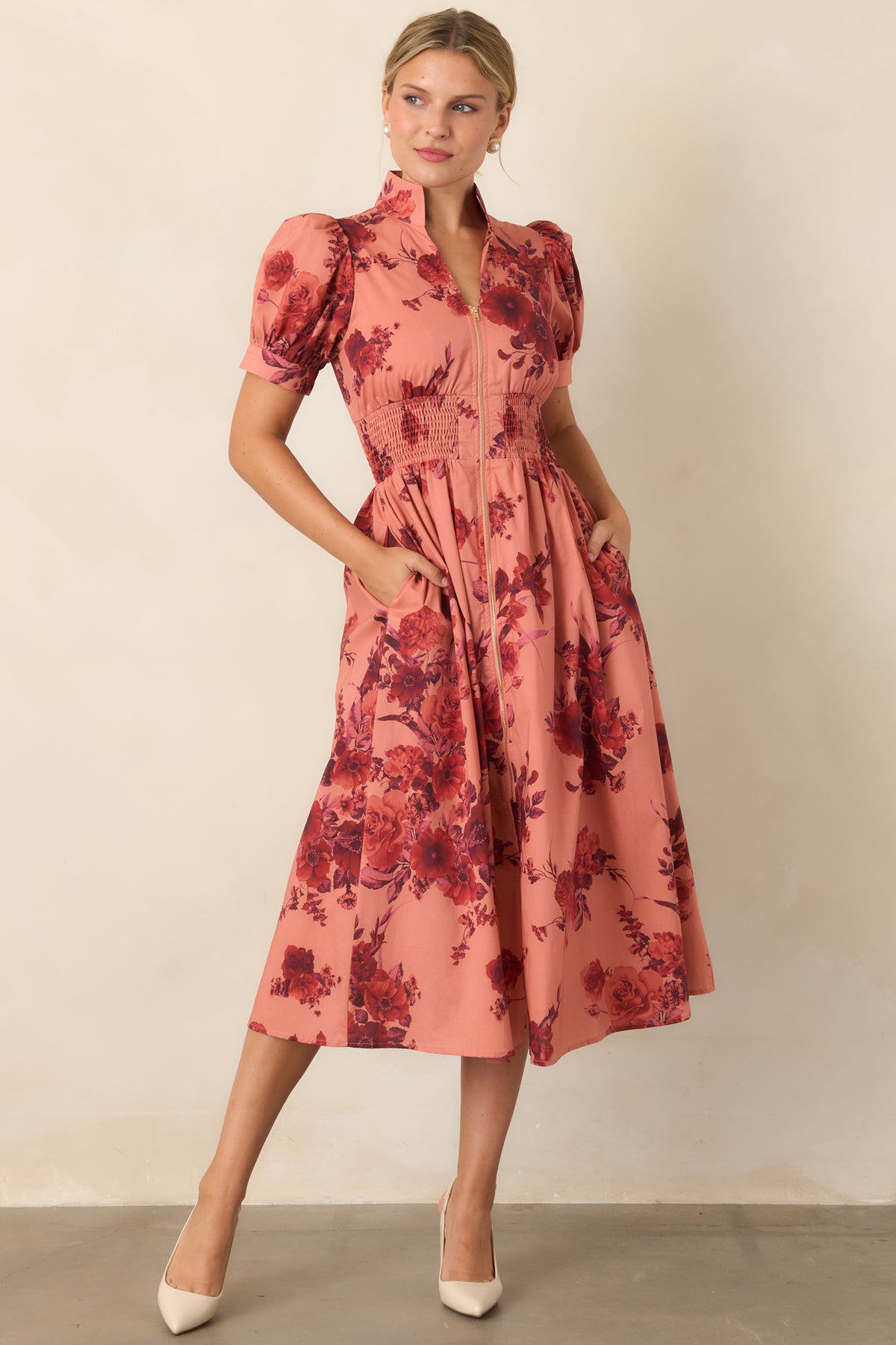 Cotton midi dress showcasing deep burgundy florals, a full-length gold-tone zipper, and softly flared skirt.