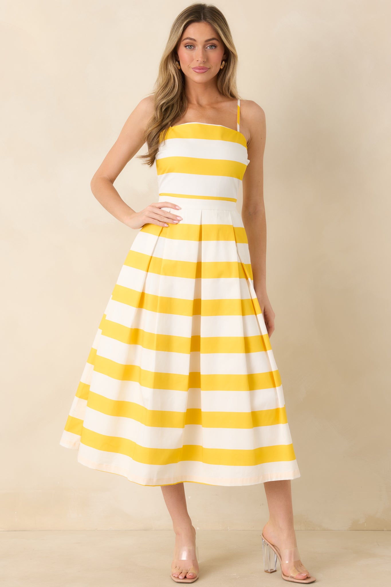 knee length dresses for ladies Couldn't Be Happier Yellow Stripe Cotton Sleeveless Midi Dress