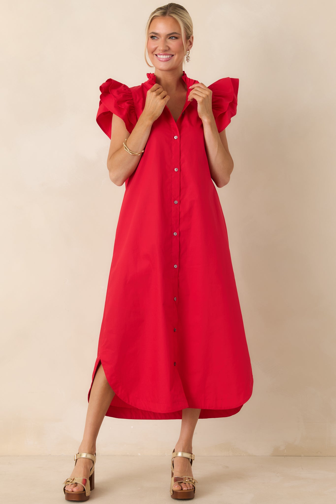 curved hem midi dress Red Dress | Red Cotton Ruffle Button Front Midi Dress