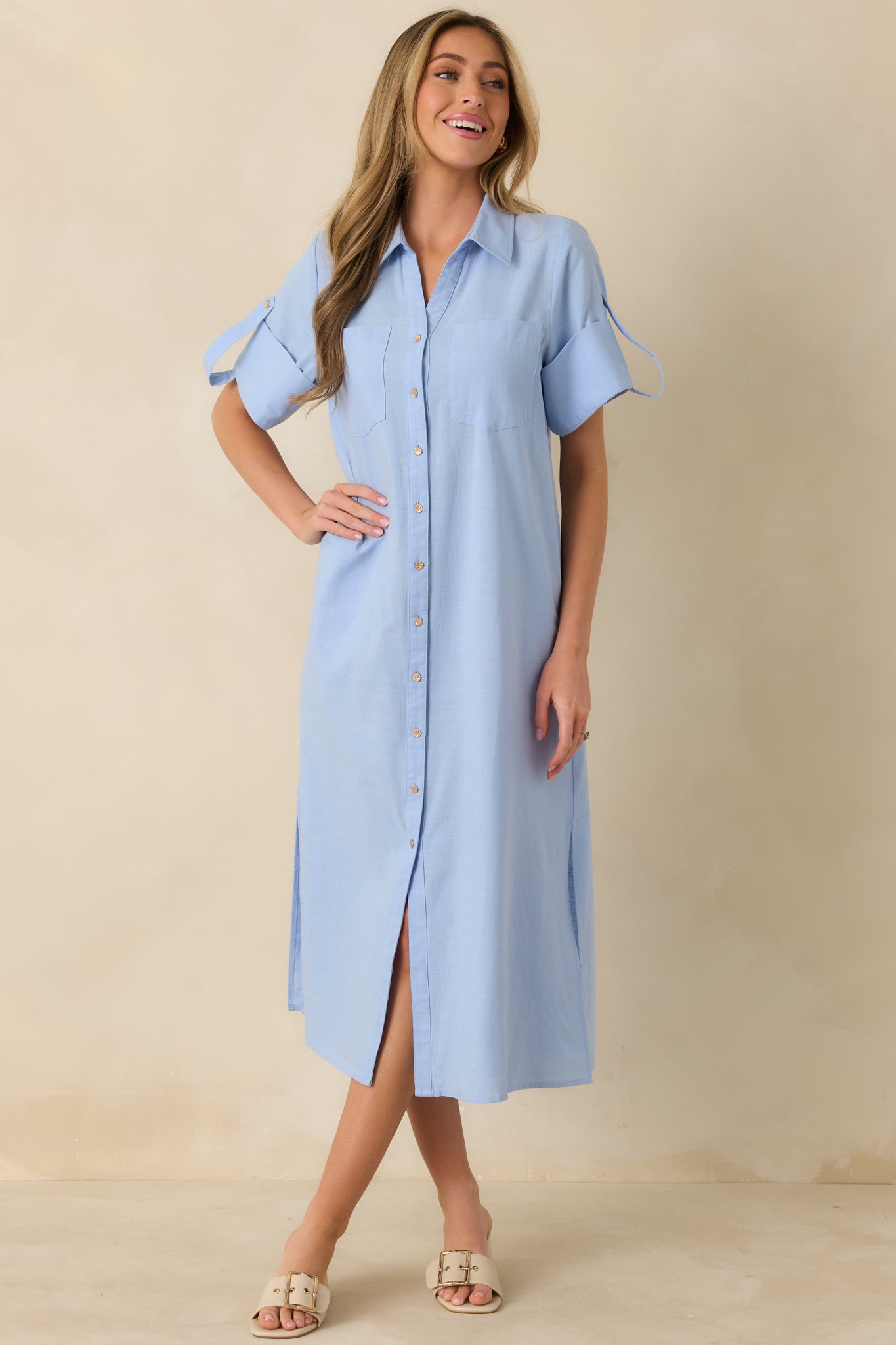 buttons blue dress Show Me the Way Light Blue Cotton Button Front Midi Shirt Dress