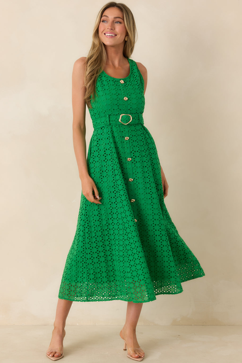 Women's Garden Society Green Cotton Eyelet Sleeveless Midi Dress | Size: L | Red Dress Women's Garden Society Green Cotton Eyelet Sleeveless Midi Dress | Size: L | Red Dress