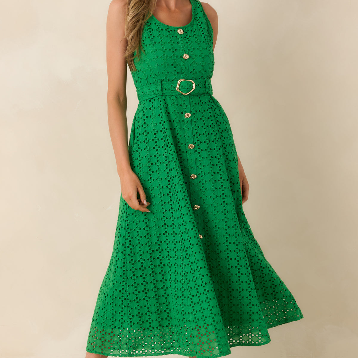 Women's Garden Society Green Cotton Eyelet Sleeveless Midi Dress | Size: L | Red Dress