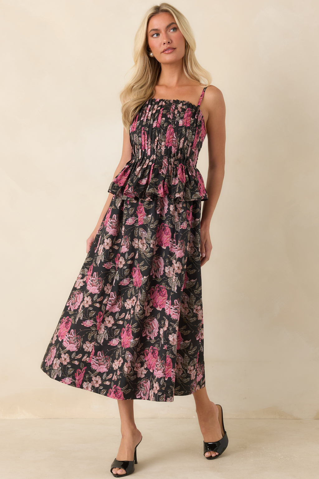 A Very Good Reason Black Floral Cotton Peplum Midi Dress