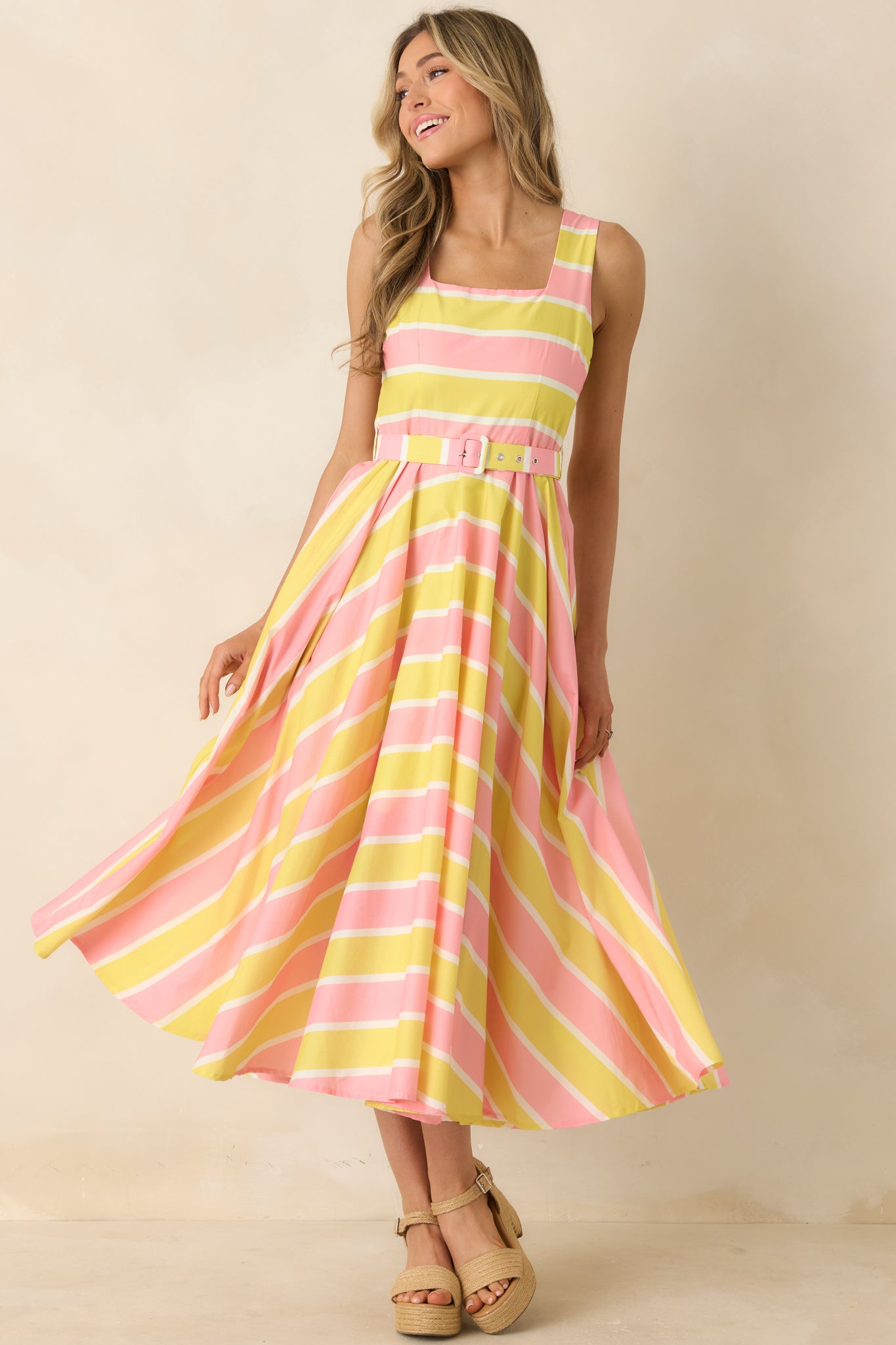soft cotton midi dress Women's Sunbeam Days Yellow & Pink Stripe Cotton Belted Midi Dress | Size: S