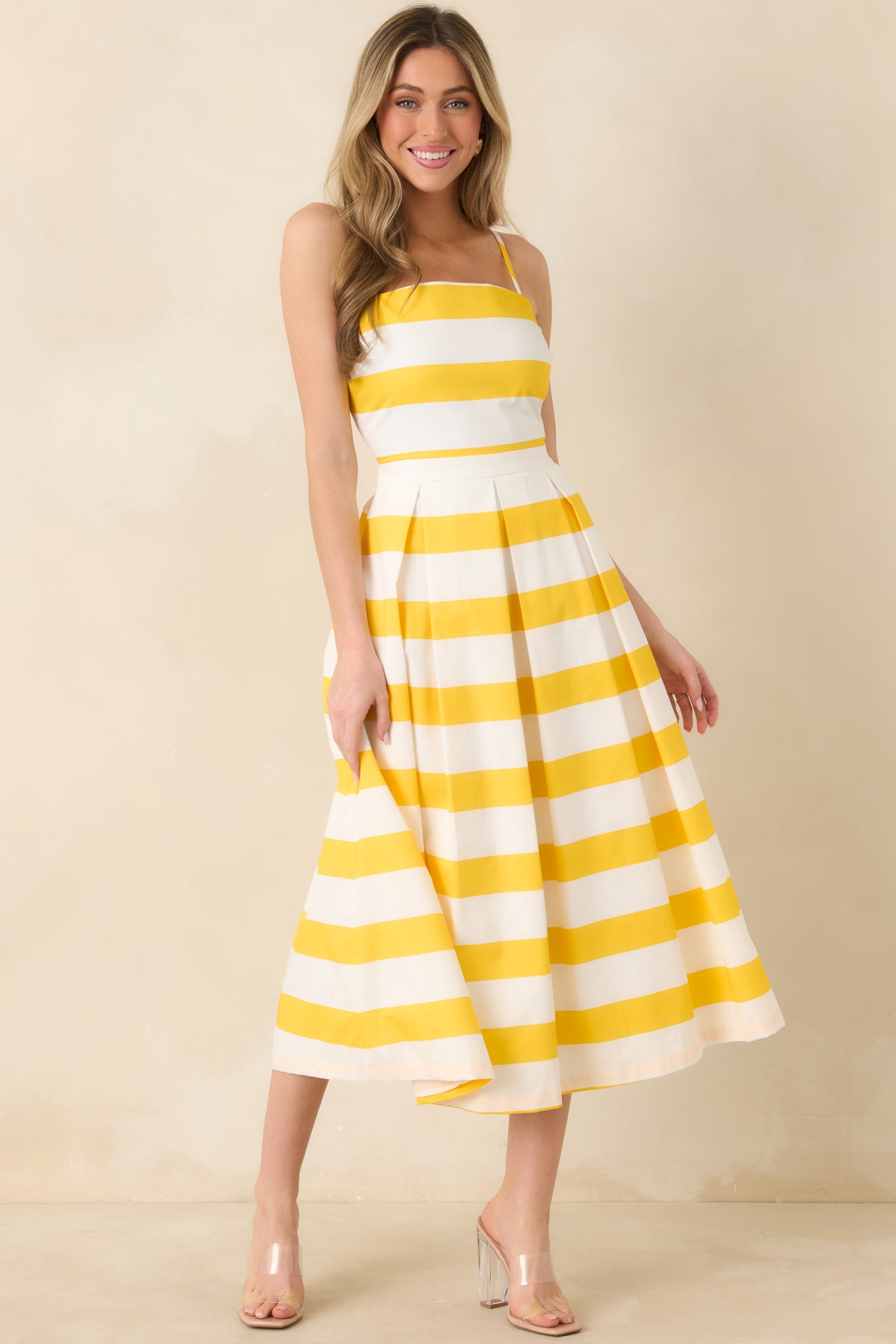 Couldn't Be Happier Yellow Stripe Cotton Sleeveless Midi Dress Couldn't Be Happier Yellow Stripe Cotton Sleeveless Midi Dress