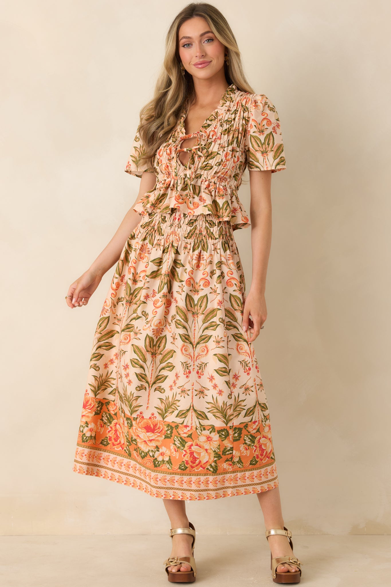 Women's Bloom With Me Peach & Meadow Green Floral Cotton Midi Skirt | Color: Orange | Size: L | Red Dress Women's Bloom With Me Peach & Meadow Green Floral Cotton Midi Skirt | Color: Orange | Size: L | Red Dress