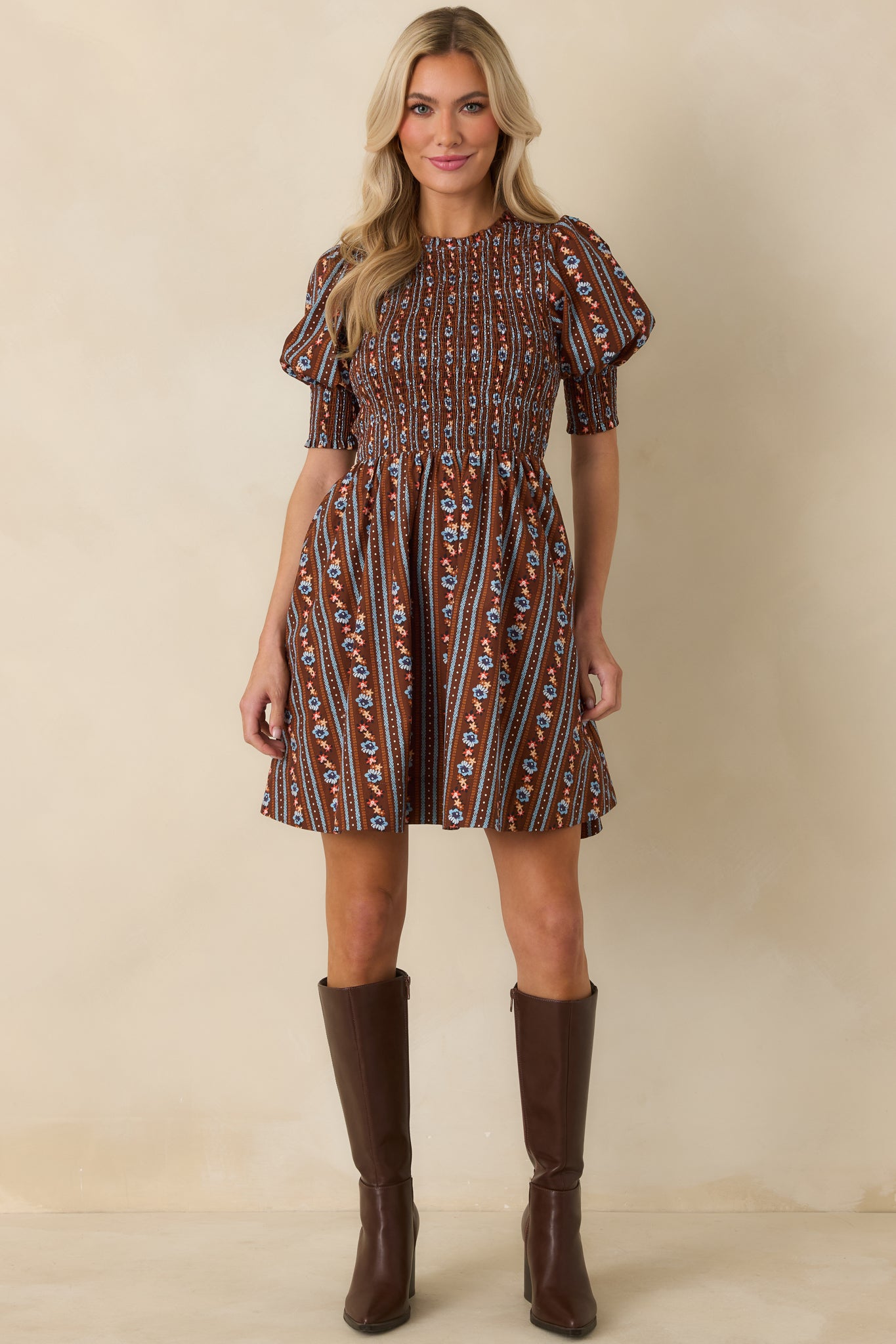 Lined cotton mini dress showcasing blue and orange floral stripes, extensive smocking through the bodice, and a softly flared skirt.