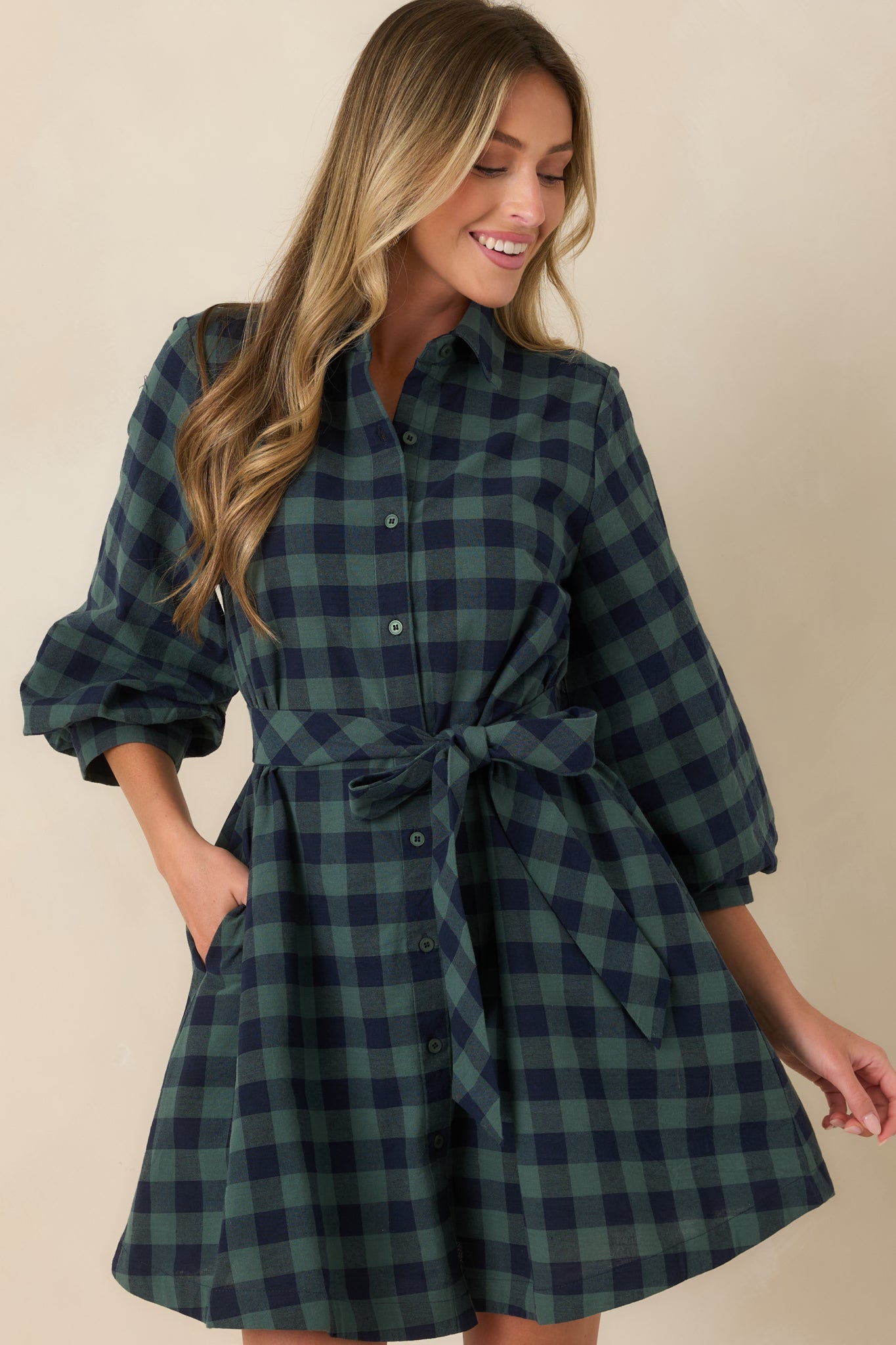 Worth Considering Navy & Jade Cotton Plaid Mini Shirt Dress