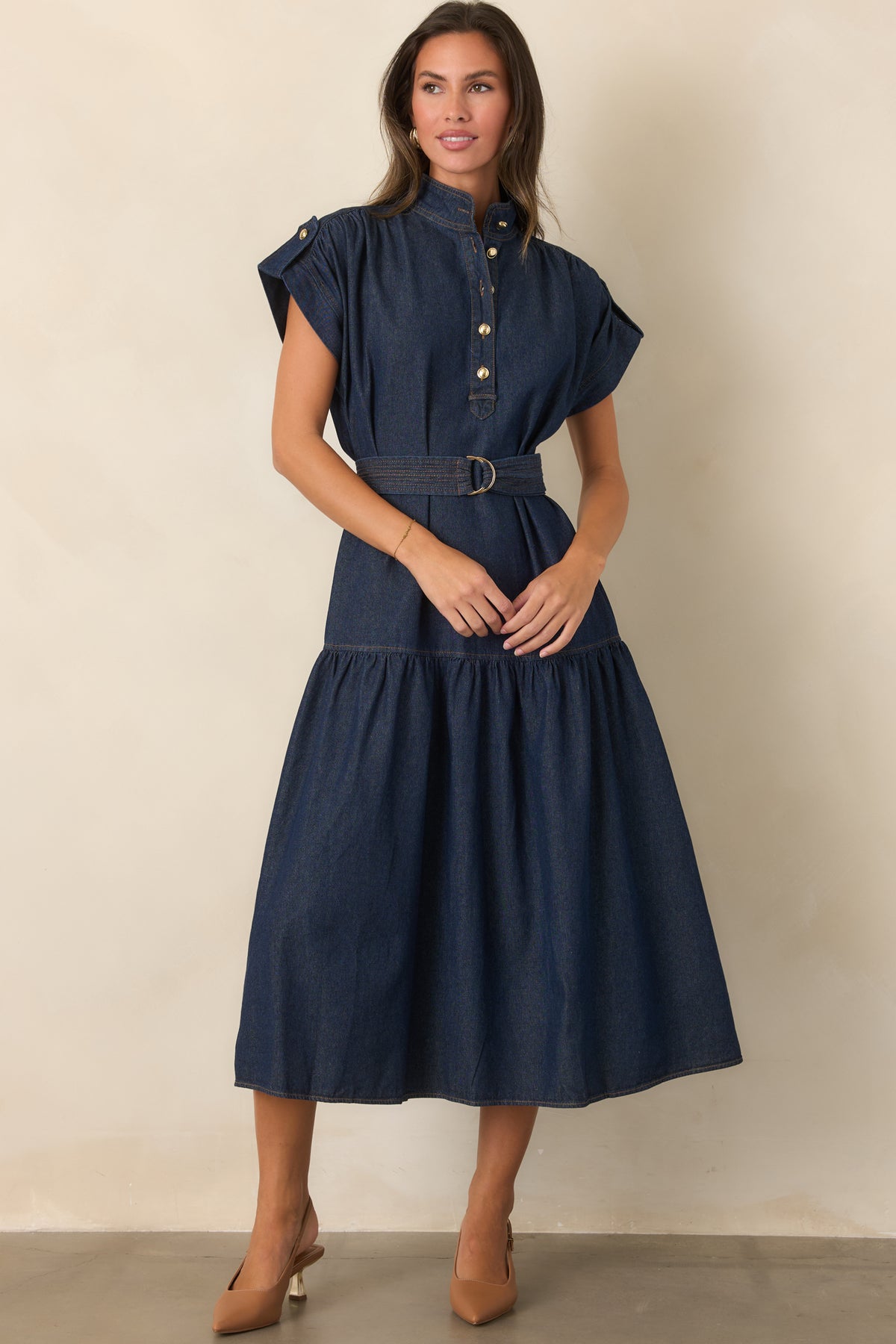 Cotton-rich belted dress featuring a flowing full gathered tier.
