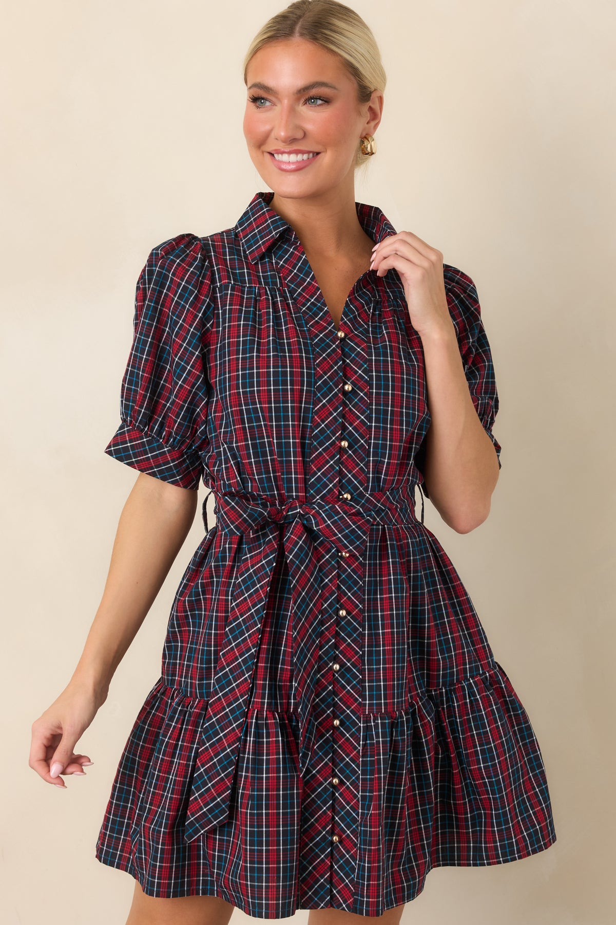 Cotton shirt dress featuring a removable matching belt, gold-tone buttons, and a relaxed plaid bodice.