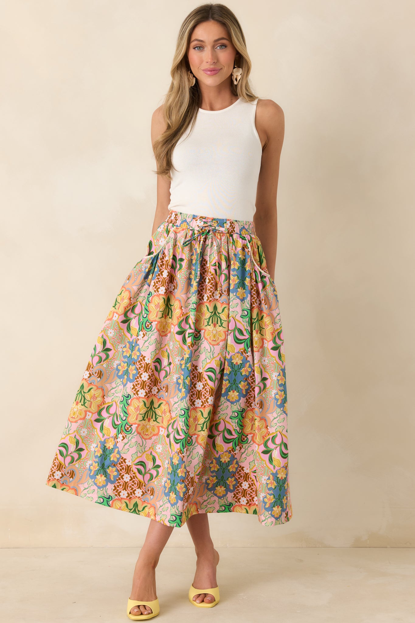 Red Dress | Pink Multi Floral Cotton Tie-Front Midi Skirt - All Bottoms