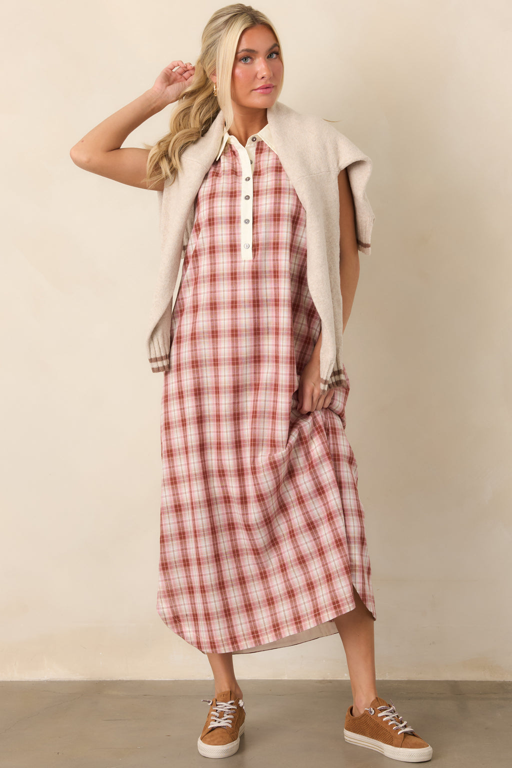 peony plaid holiday sunday midi dress Small Town Story Pink Cotton Bridesmaid dresses