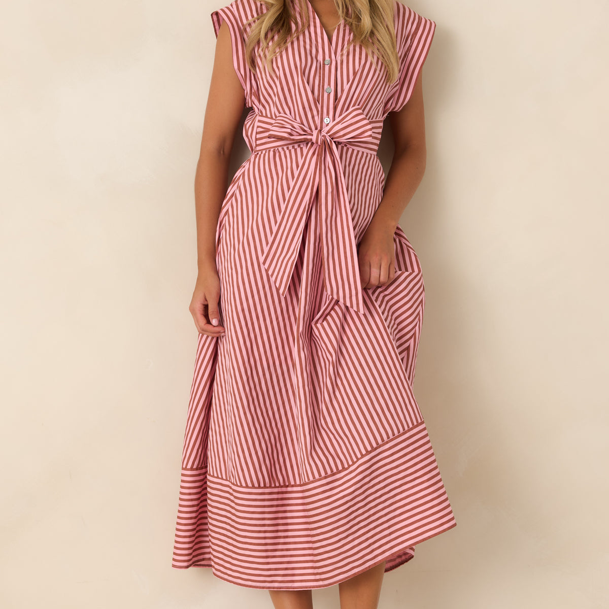 Lunch on the Riviera Pink Stripe Cotton Midi Dress | Entro