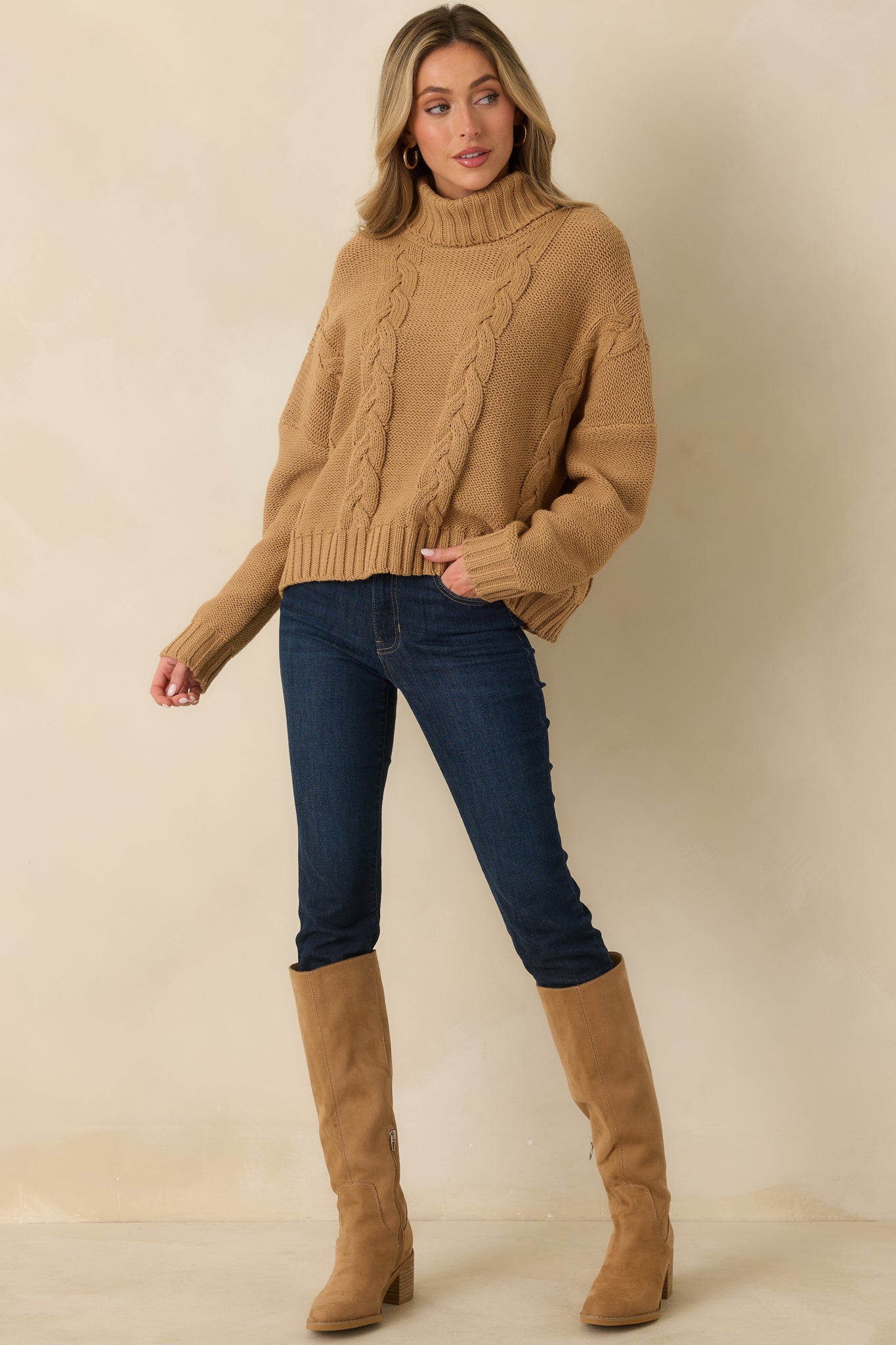 Beckett Caramel Cable Knit Turtleneck Sweater | Prosperina