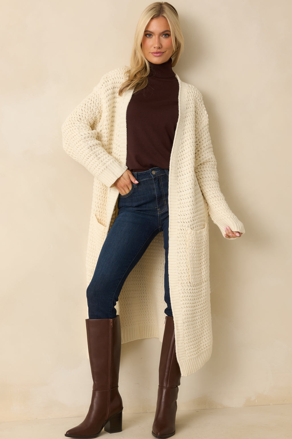 Women's Made For More Cream Knit Duster Cardigan Shirt | Color: White | Size: L
