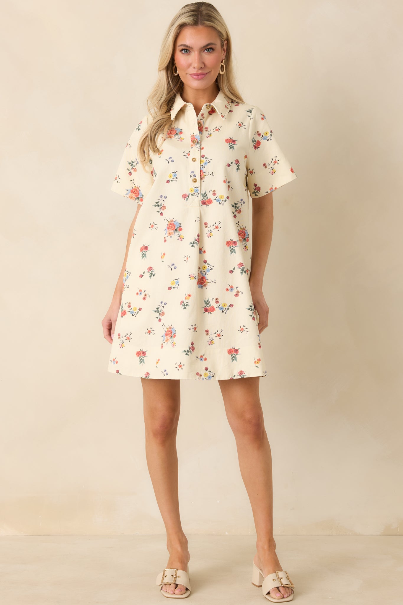 Women's Just Around the Corner Ivory Multi Floral Cotton Mini Dress | Size: L | Red Dress Women's Just Around the Corner Ivory Multi Floral Cotton Mini Dress | Size: L | Red Dress