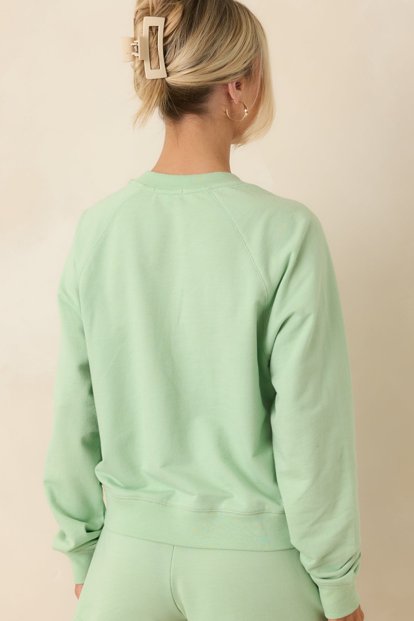 Crewneck sweatshirt rear view with raglan sleeves and a relaxed silhouette.