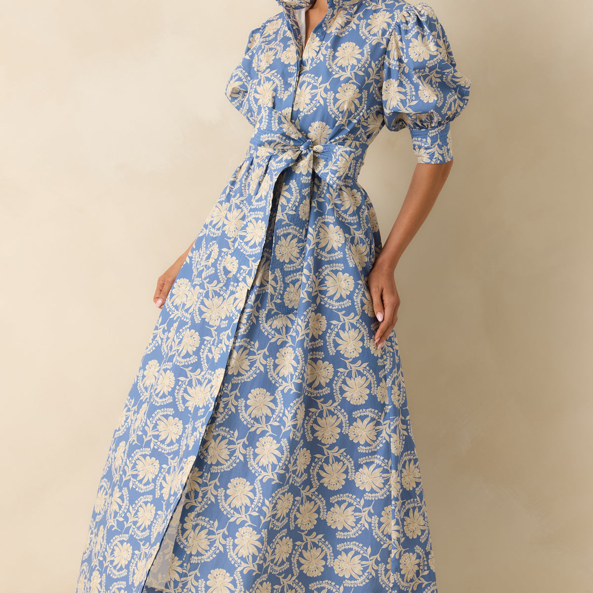 Marianne Dusty Blue Floral Cotton Maxi Dress | Prosperina