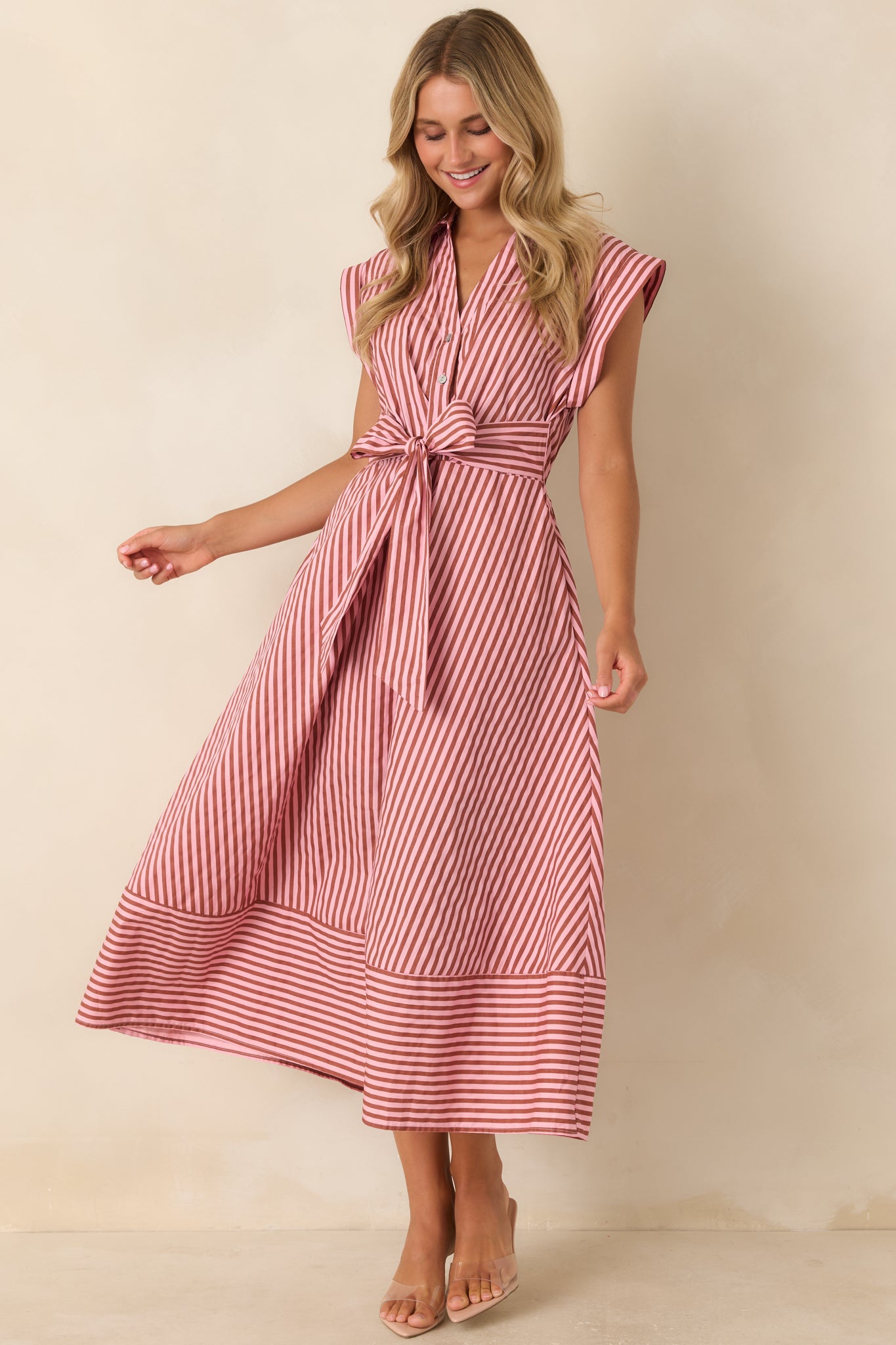Lunch on the Riviera Pink Stripe Cotton Midi Dress | Entro