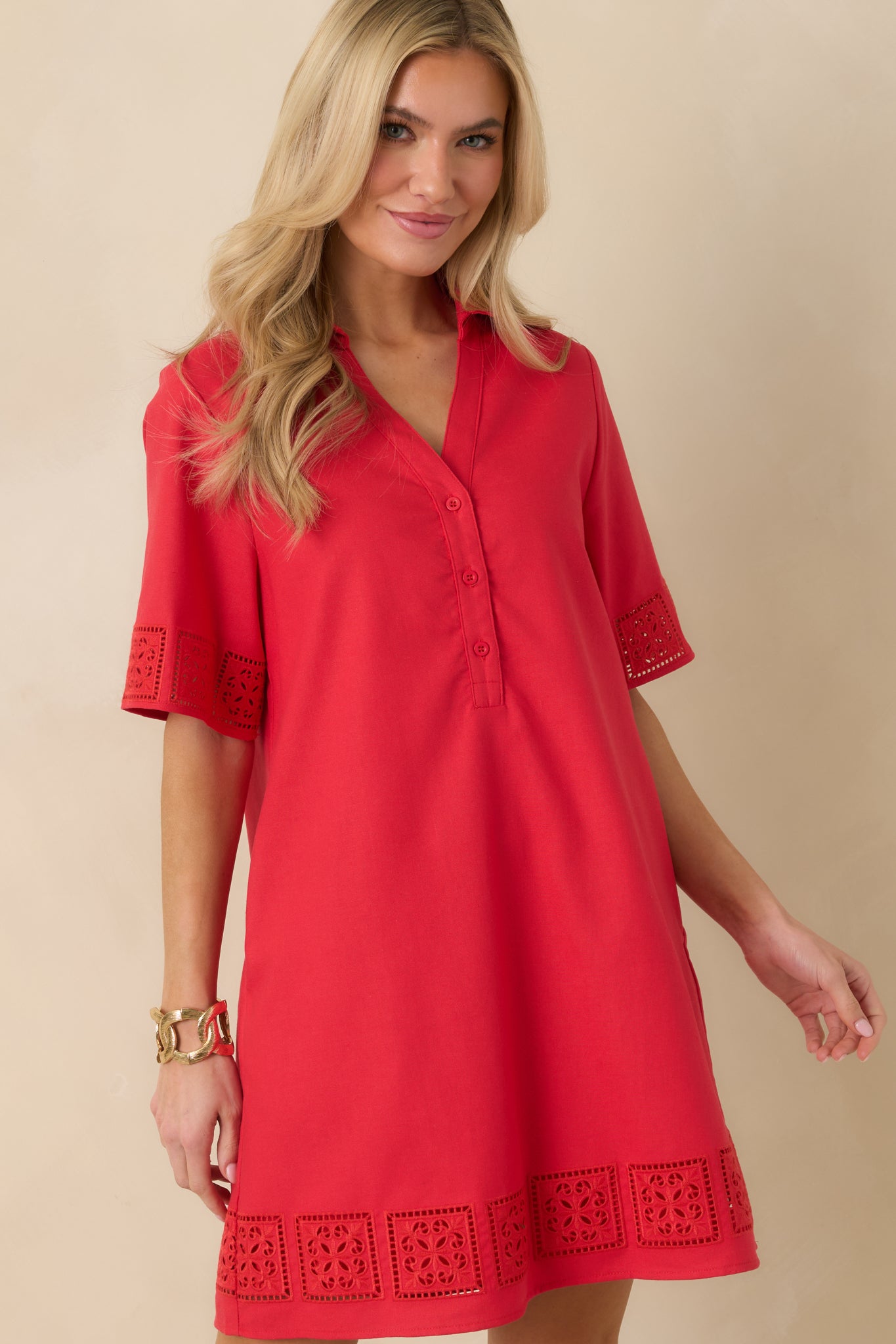 Front-facing crop emphasizing the relaxed yet tailored fit and structured shirt-dress silhouette.