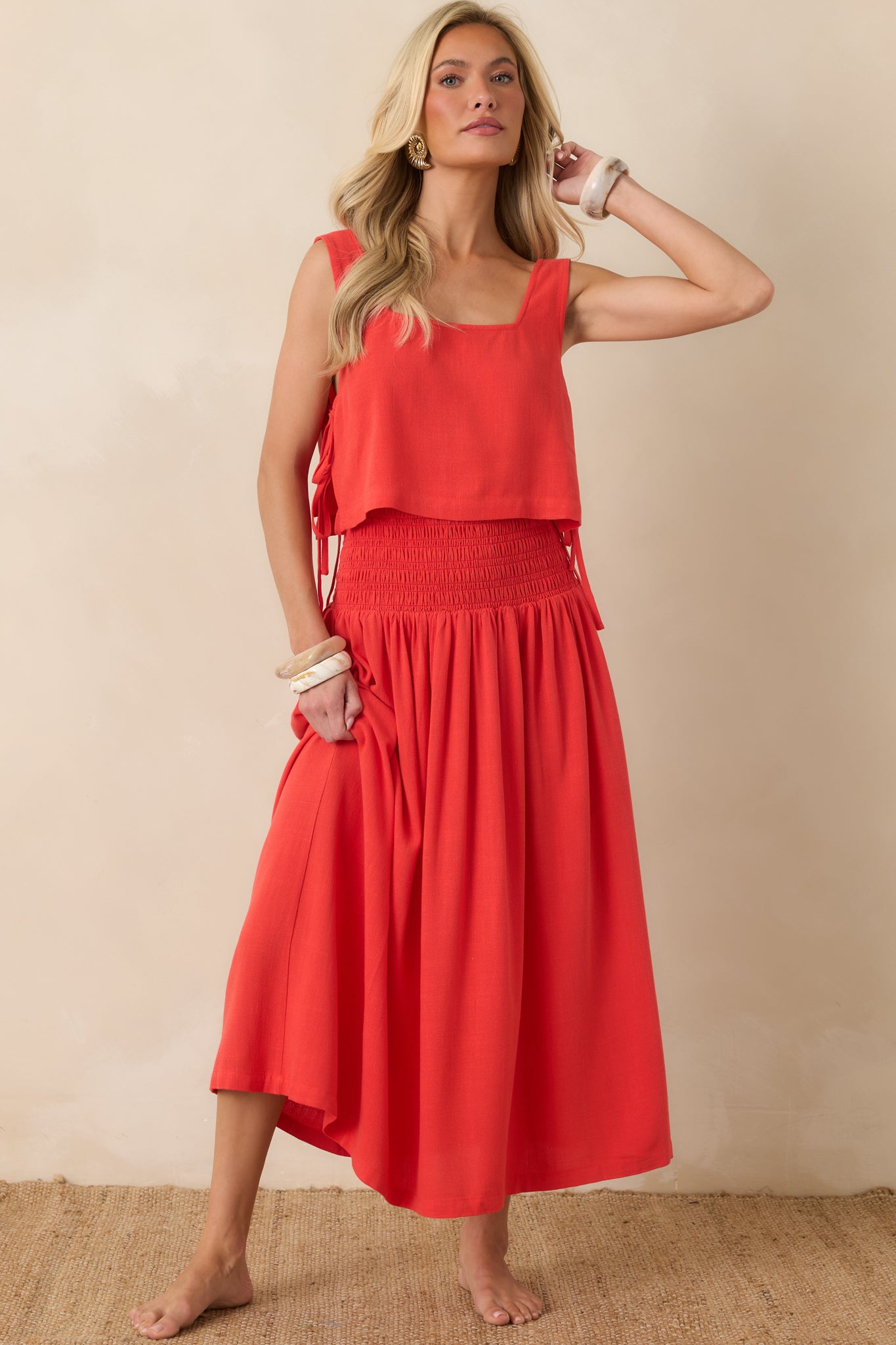 Paradisa Calista Sangria Red Linen Blend Side-Tie Crop Top | Red Dress