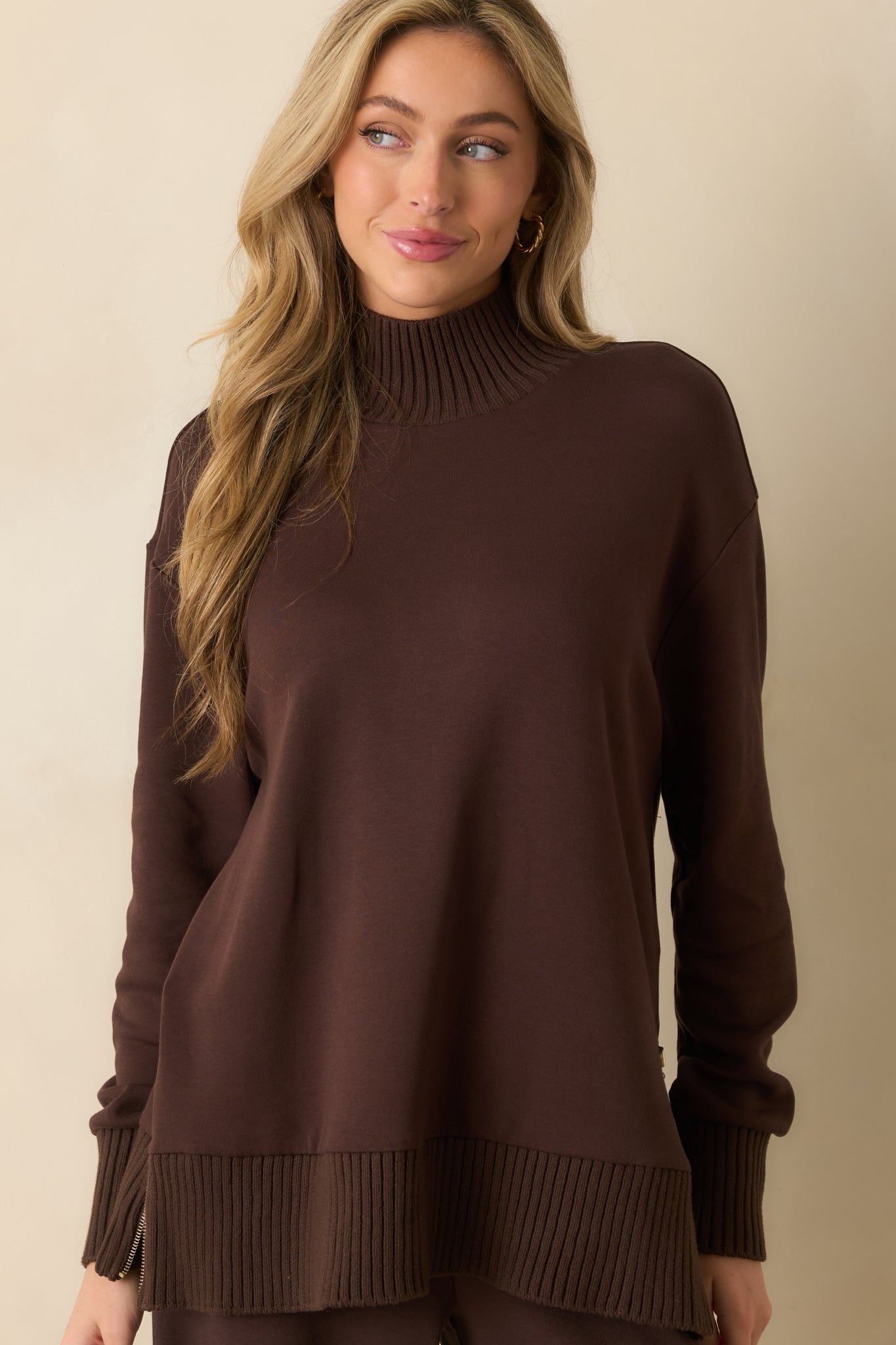 Z Supply Sable Luxe Mock Neck Top In Dark Brown | Red Dress