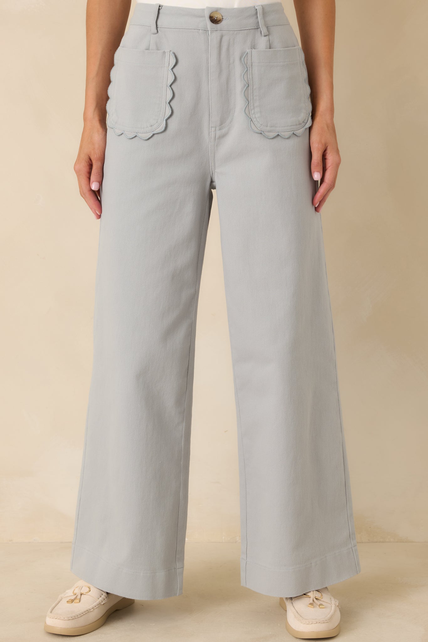 Cropped front view of dusty blue pants highlighting the high-rise waist and front button-and-zipper closure.