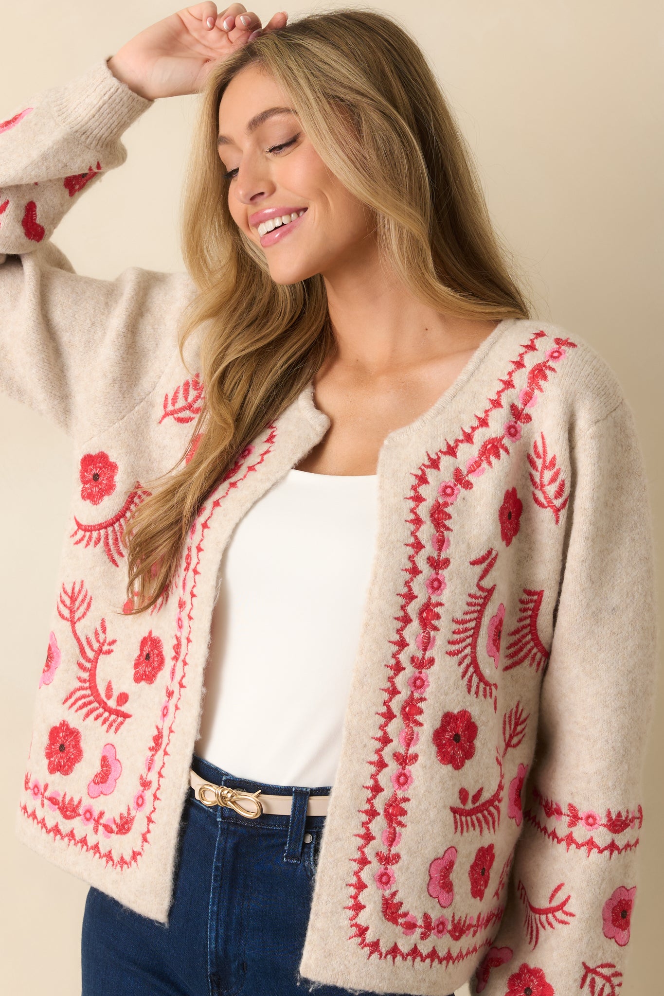 Oatmeal Floral Embroidered Single Clasp Cardigan - Women's Tops