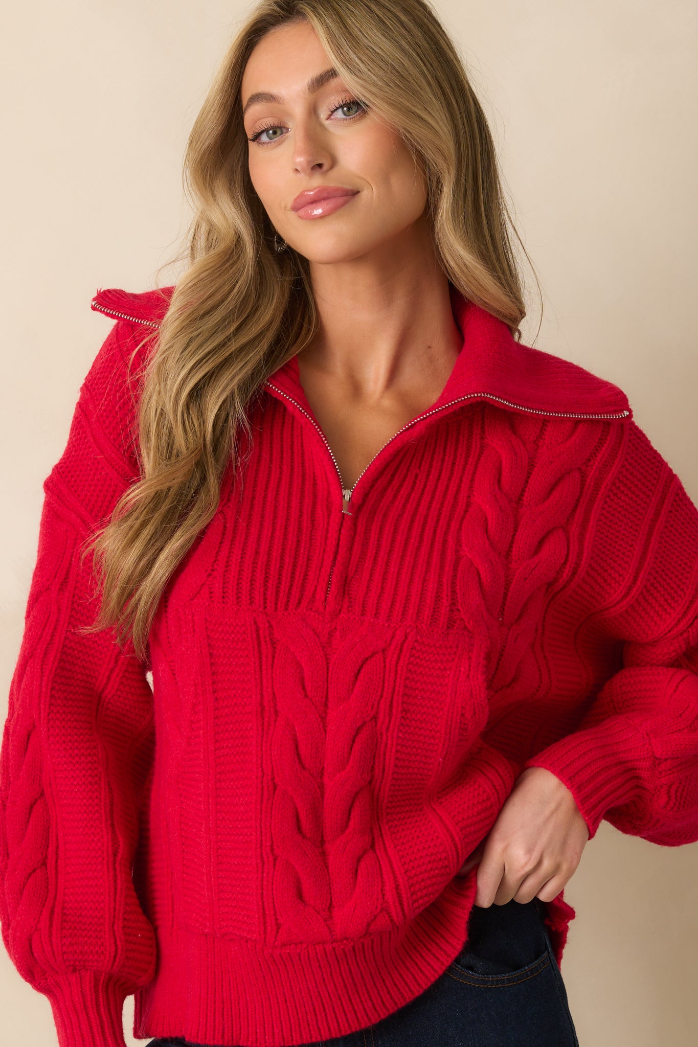 Red Cable Knit Quarter Zip Pullover - All Sweaters | Red Dress