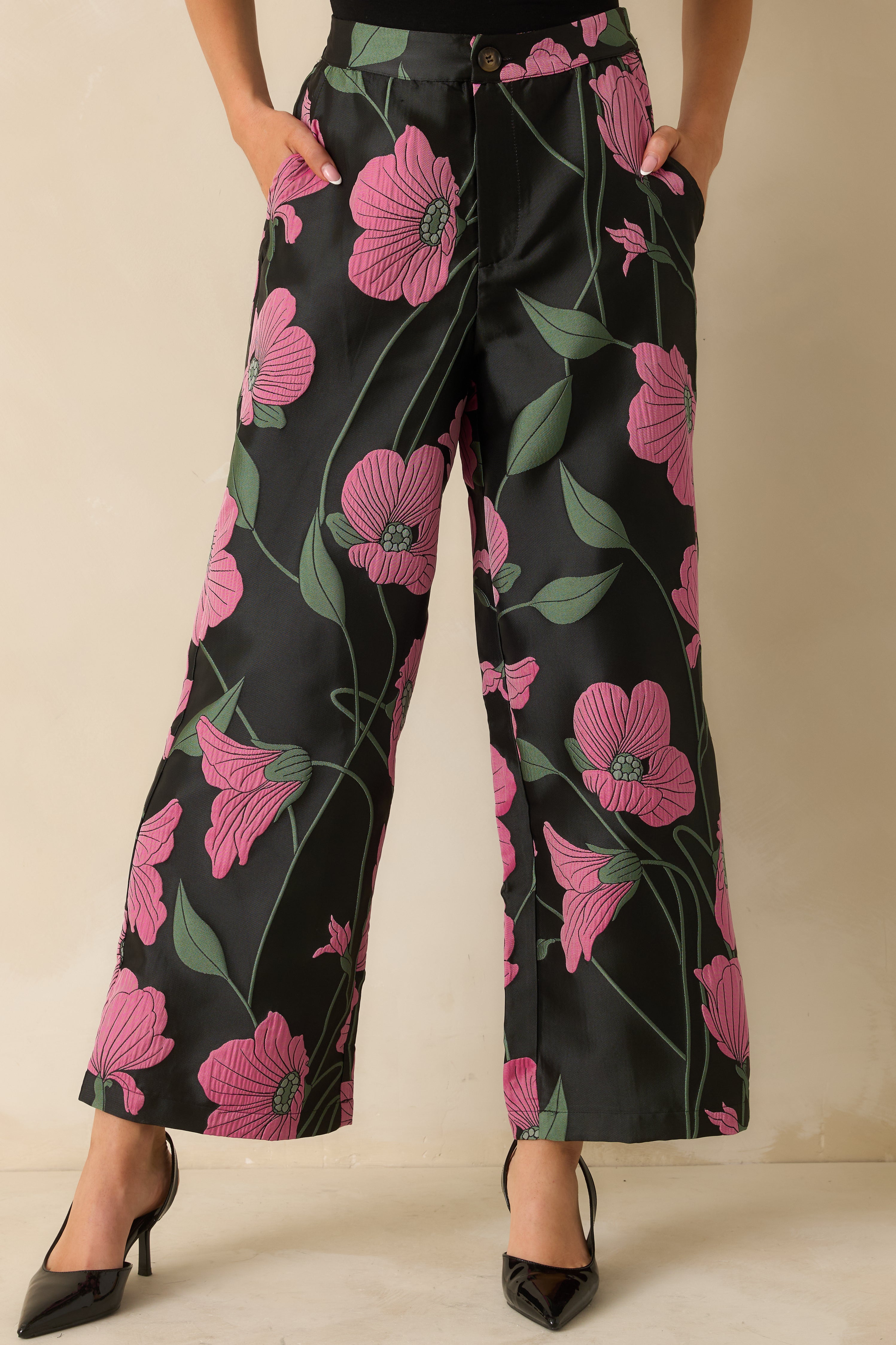 Black Multi Floral Jacquard Wide Leg Pants - Women's Bottoms | Red