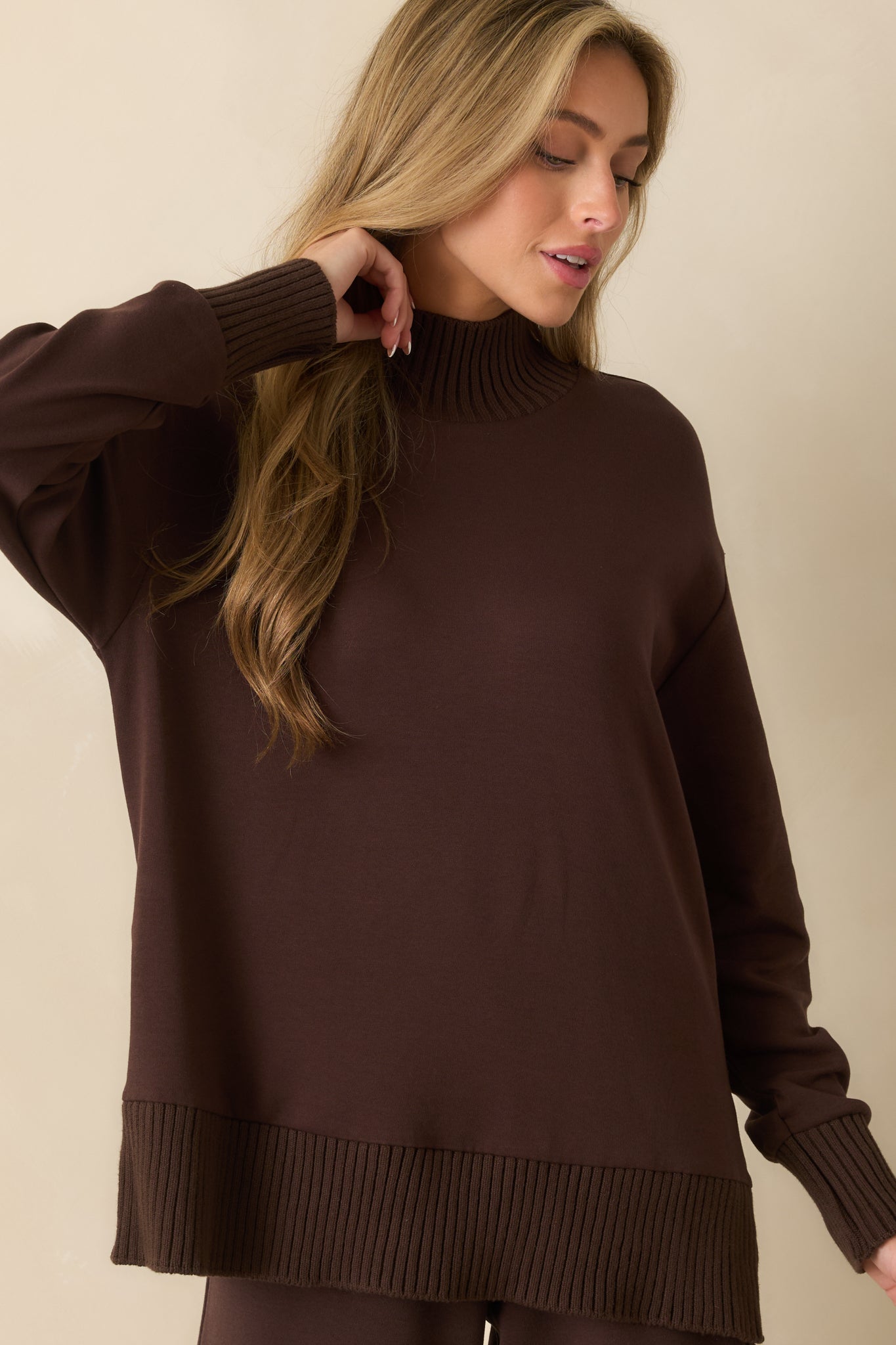Z Supply Sable Luxe Mock Neck Top In Dark Brown | Red Dress